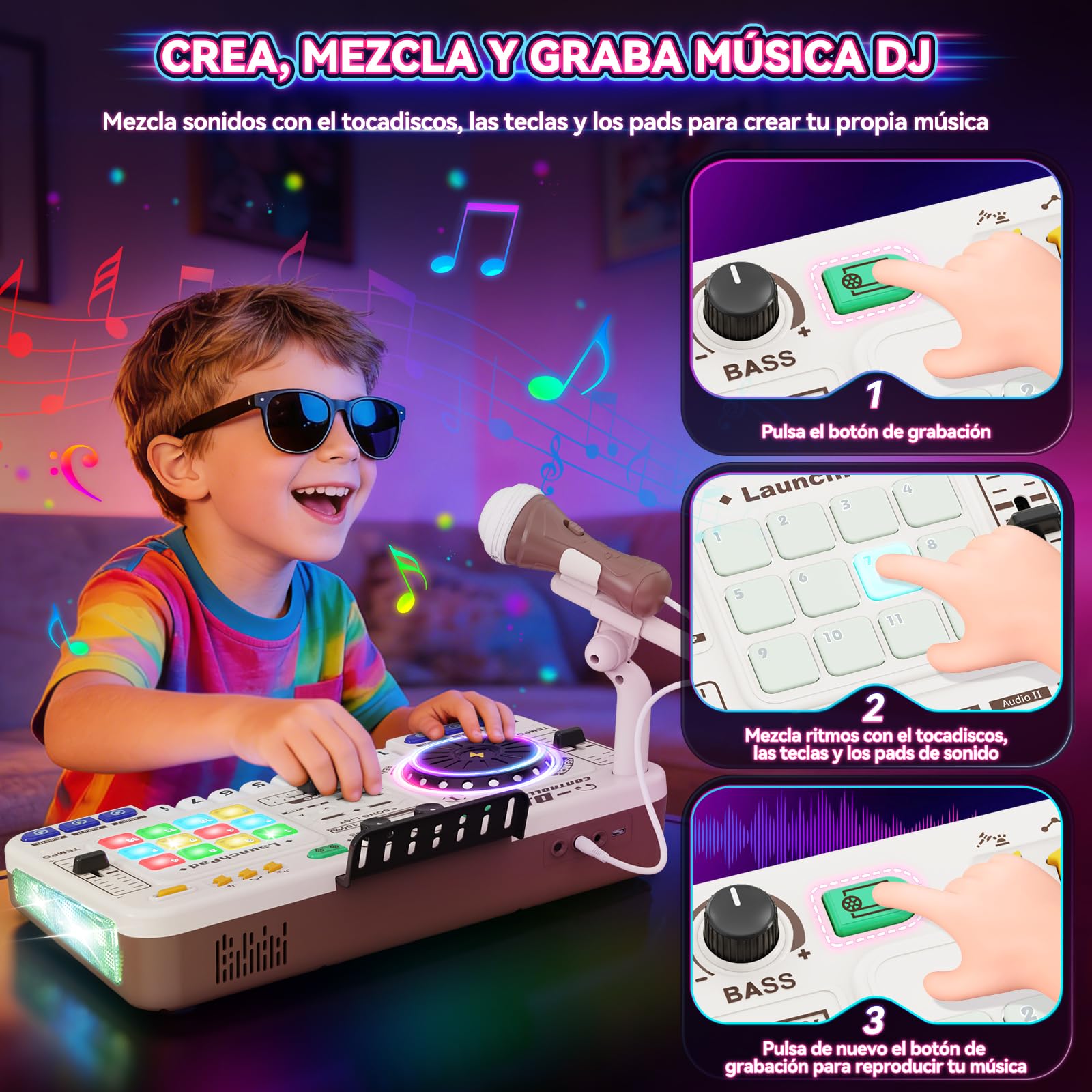 Mesa de mezclas DJ para niños, controlador DJ, mesa DJ, DJ mixer con función de grabación, 100+ efectos de sonido, plato DJ realista y pads de batería, regalo para niños y niñas 3-11 años, Blanco
