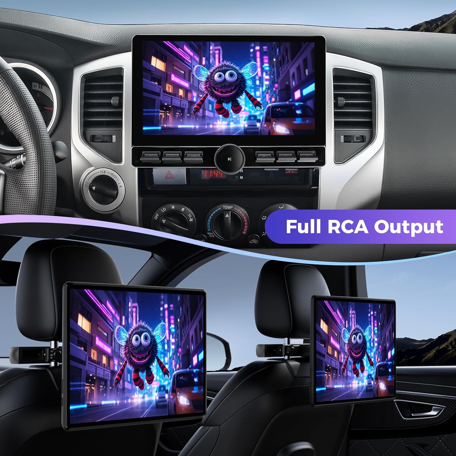 Close-up of the AINAVI car stereo's physical buttons and manual knob