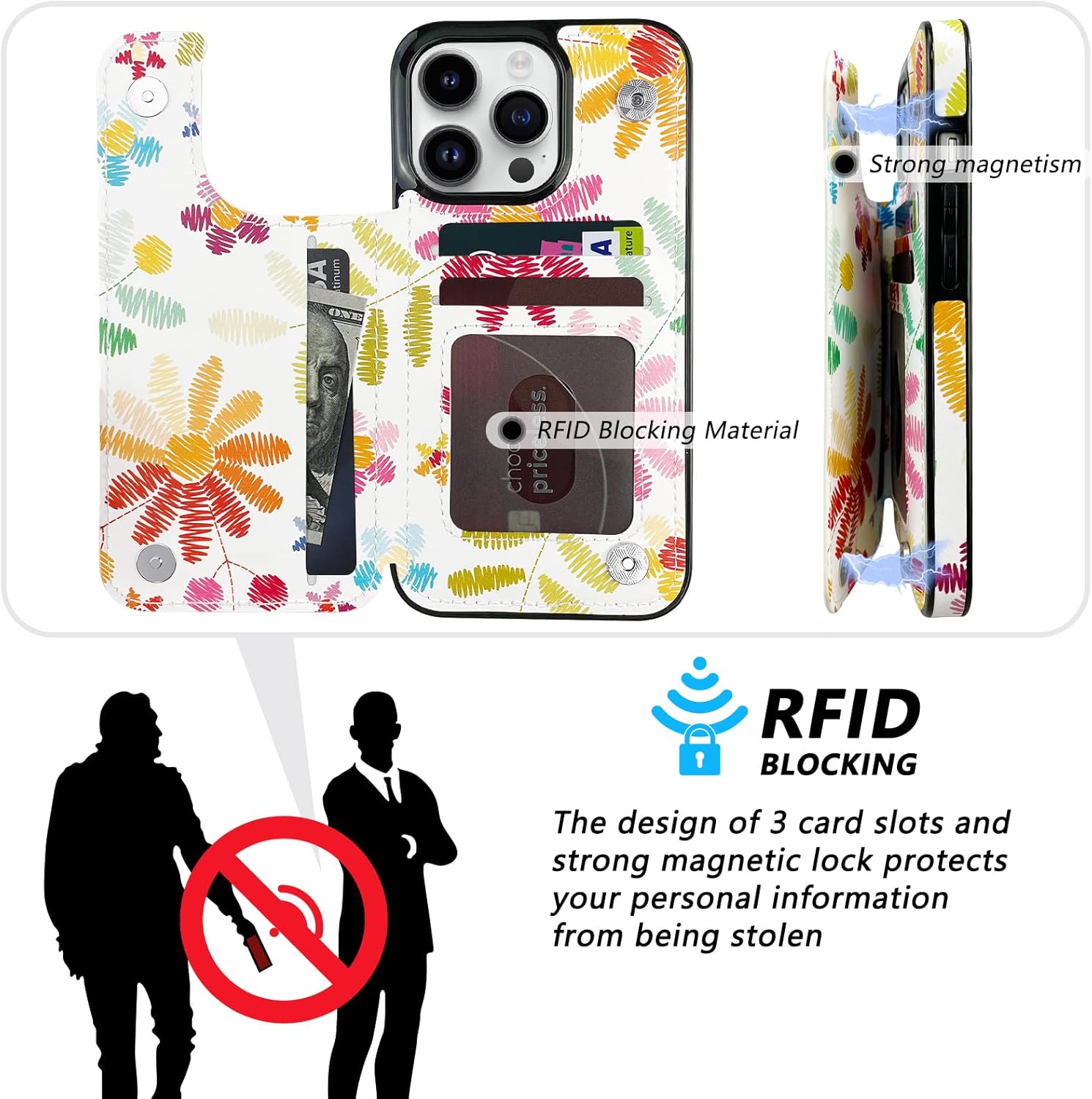 TopPerfekt Flip Leather Wallet Case Card Holder Compatible with iPhone 13 Pro 6.1" Women and Girls with Card Holder Kickstand Double Magnetic Clasp Floral Pattern - Image 4