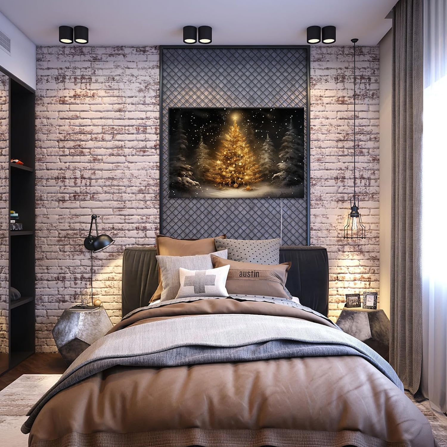 GLOKAKA Christmas Tree Wall Decor Lighted Christmas Tree Canvas Wall Art Snowy Night Winter Christmas Print Picture Poster Artwork for Home Living Room Bedroom Decoration