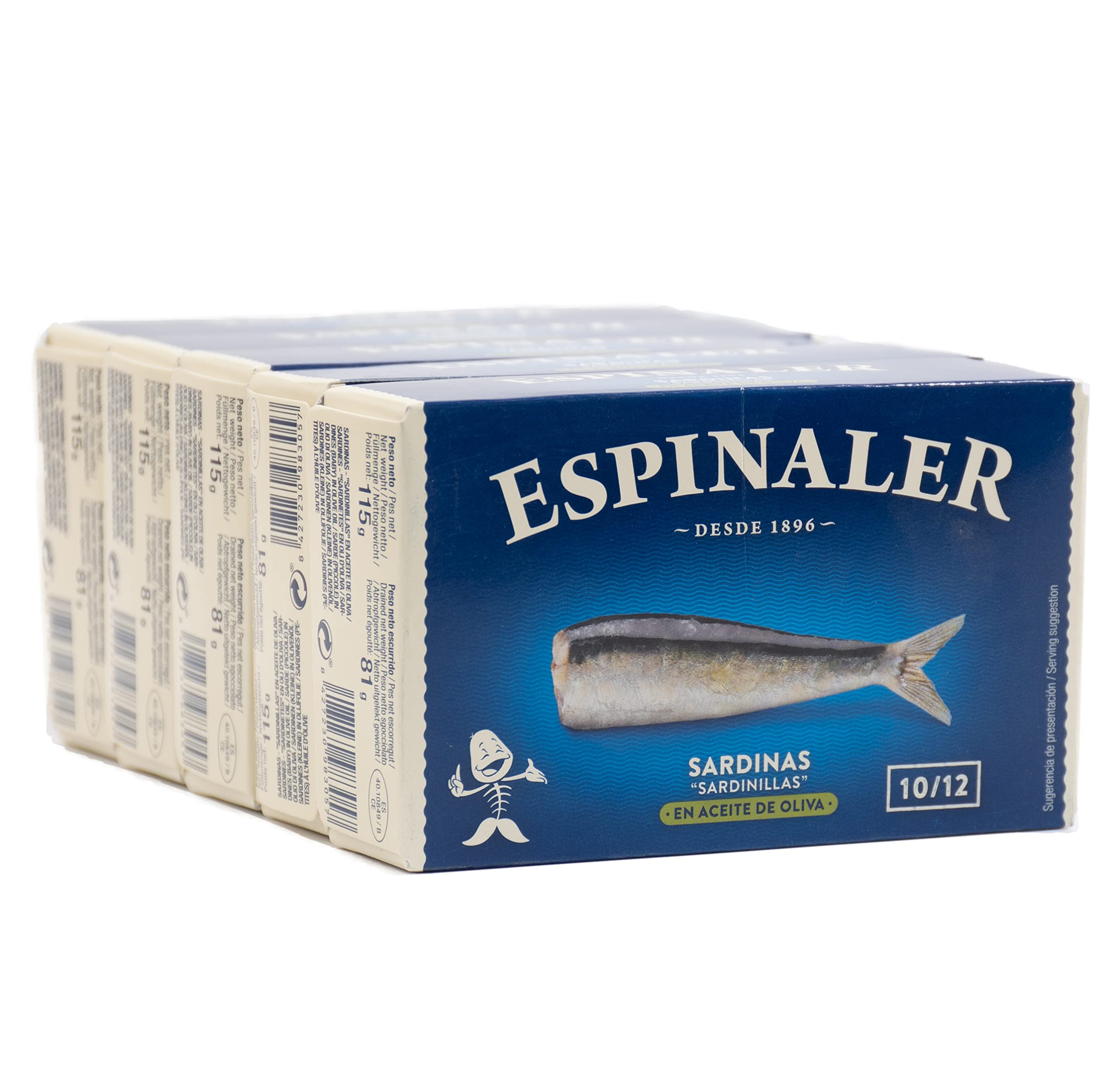 Sardinillas en aceite de oliva Espinaler - Pack de 5 latas de 10-12 Sardinas en Conserva - Conservas Gourmet de sardinillas en aceite - Sardinas en conserva para tu aperitivo o para cocinar