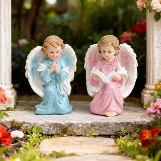 2Pcs Guardian Angel Statue - 3.8 Inch Pink & Blue Glitter Cherub Figurines, Praying & Book-Holding Designs, Small Glitter Resin Angels for Cake Toppers, Home Decor Accents, Nursery, or Twins Gift