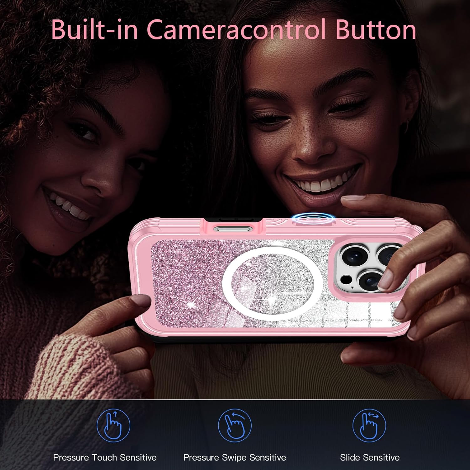 for iPhone 16 Pro Max Case,Compatible with MagSafe,Magnetic Glitter Case Built-in 9H Tempered Glass Screen Protector,Shockproof Protective Case for Samsung iPhone 16 Pro Max,Pink - Image 9