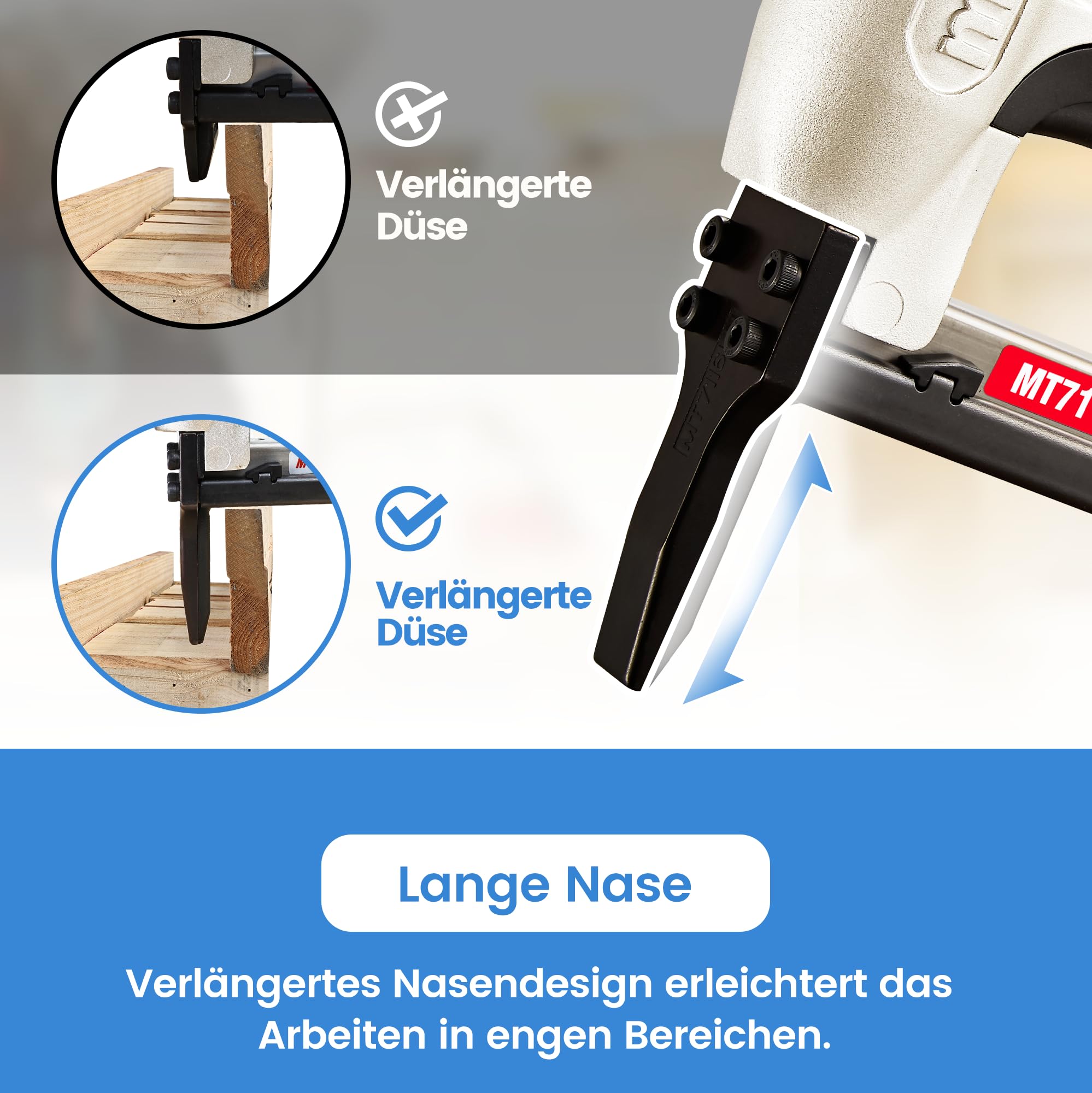 meite MT7116LN Drucklufttacker Typ 71 mit Langnase, Druckluftnagler für 6–16 mm 22Ga Klammern, Industrieller Feiner Langnasen-Drucklufttacker für Polster und Holzarbeiten