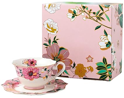 Eplze Floral Tea Set, Porcelain Cup and Saucer Set for Afternoon Tea or Home Decor- Chrysanthemum Design (Cup and Saucer Set- Pink)