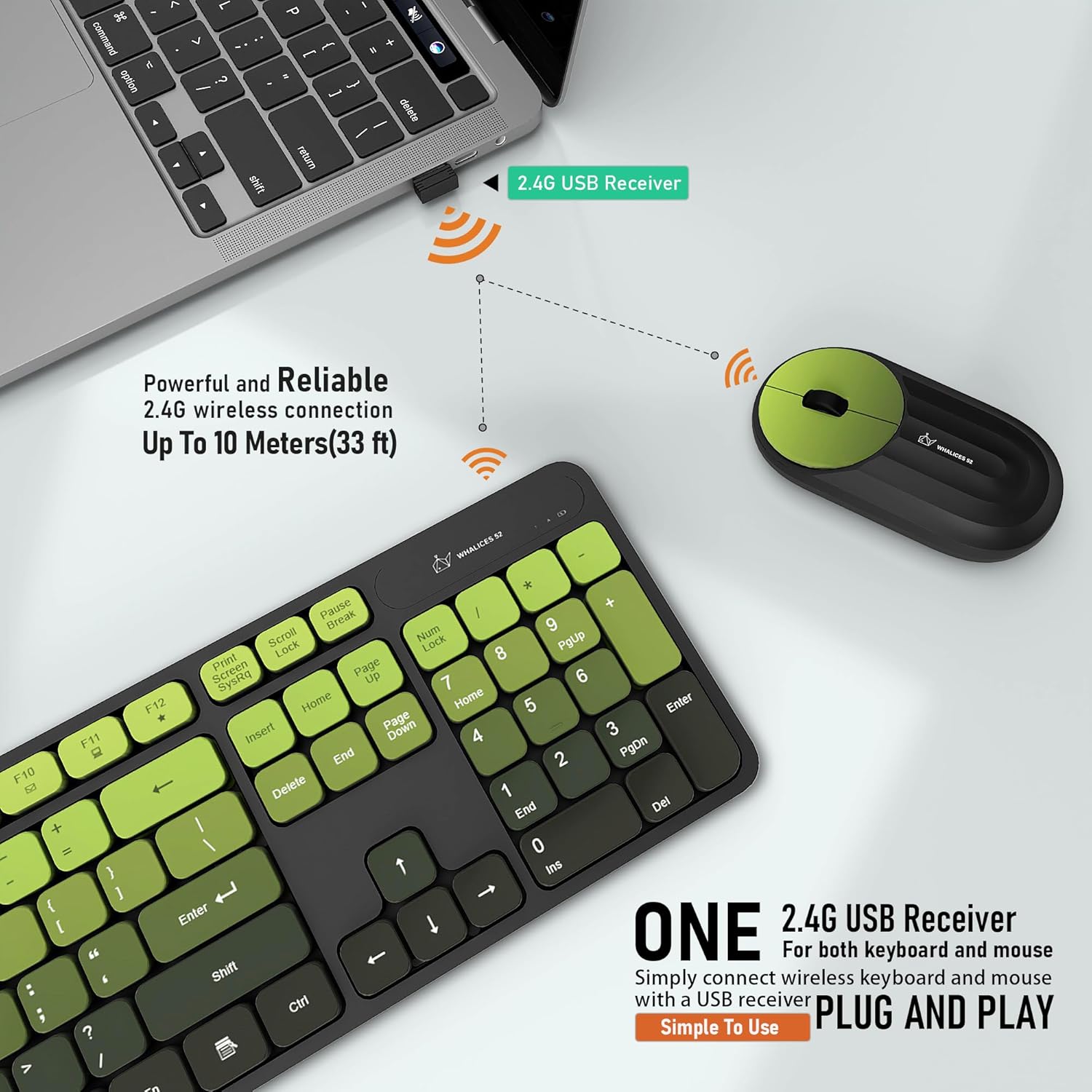 Wireless Keyboard and Mouse Combo - 2.4G Wireless, Rechargeable, Low-Noise, Cute Colorful, Full-Sized, 3 DPI Adjustable Mouse, for Computer, Laptop, PC, Desktop(Black Green)