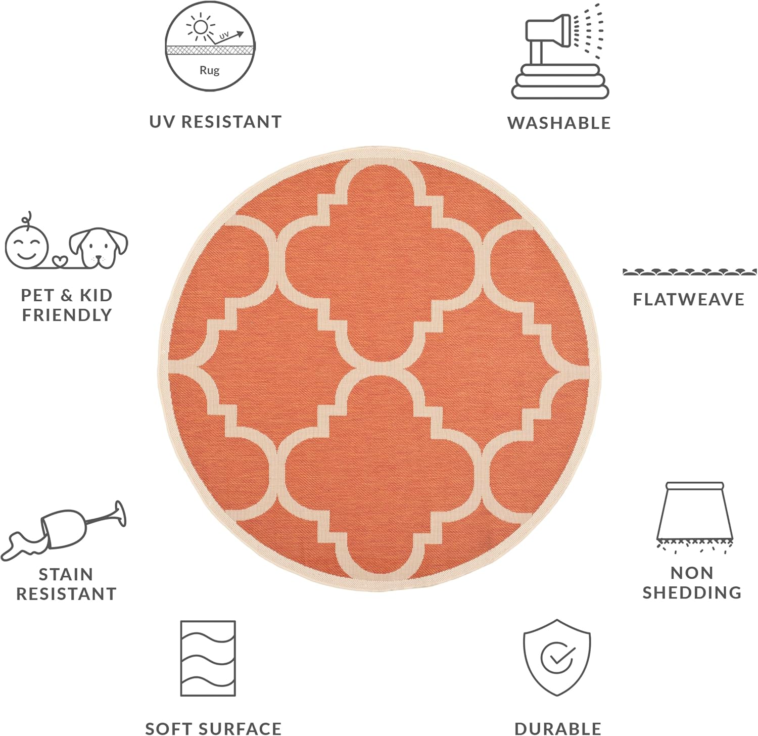 SAFAVIEH Washable Rug Outdoor Courtyard Collection - 5'3" Round, Terracotta, Non-Shedding & Easy Cleaning, Ideal for Patio, Backyard, Mudroom (CY6243-241)