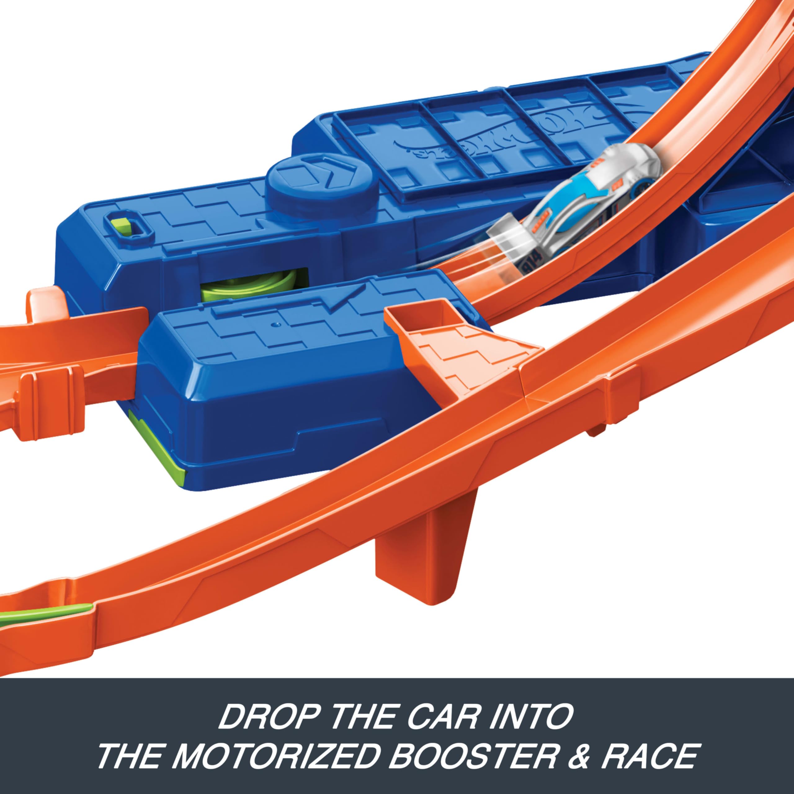 Hot Wheels zestaw zabawkowych samochodów do śledzenia wyczynów, nieskończona akcja Crash-Action z samochodem w skali 1:64 i akceleratorem zasilanym bateriami do niekończących się akrobacji i wyścigów | Zestaw torów zabawkowych z silnikiem wspomagającym do