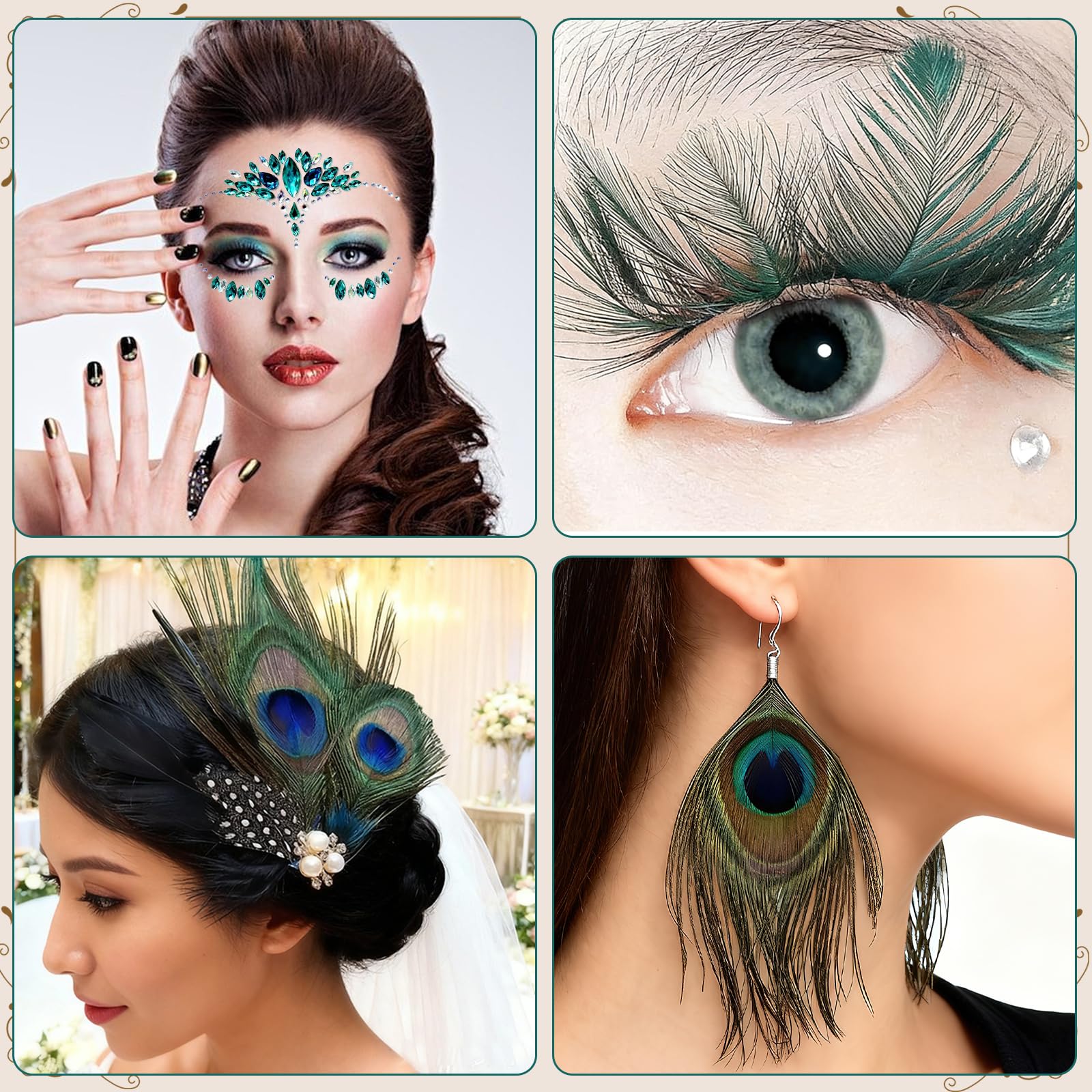 CIYIN pauwenkostuum voor dames, set met pauwenhoofdtooi en kunstwimpers, glitterstenen gezicht, pauwenoorbellen, pauwenthema-outfit, accessoires voor carnaval, themafeest, cosplay