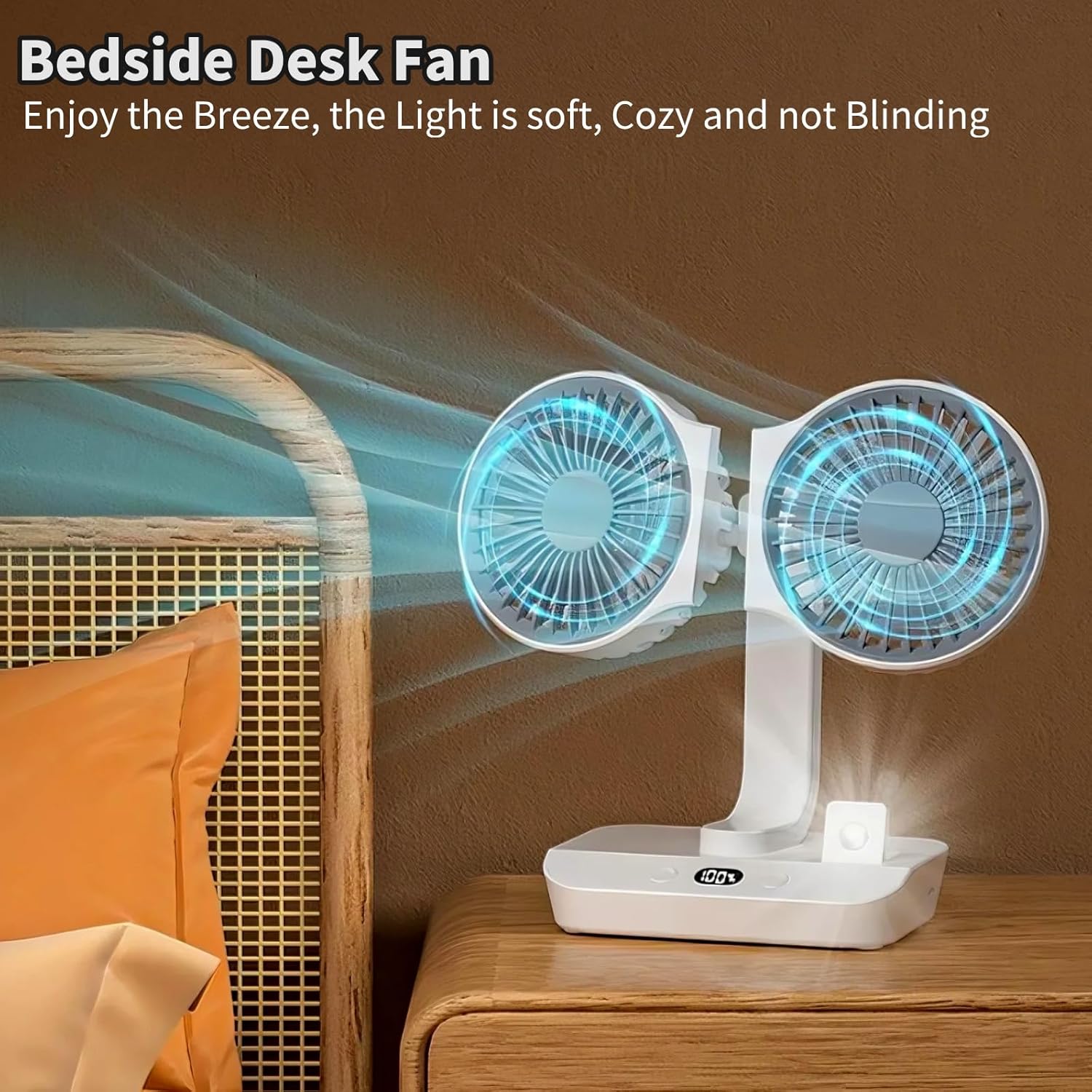 Dual Head Small Desk Fan, USB Portable Oscillating Table Fan with 4 Speed & LED Light Multi-Angle Rotation Quiet Mini Desktop Fan for Bedroom, Office, Camping, Car