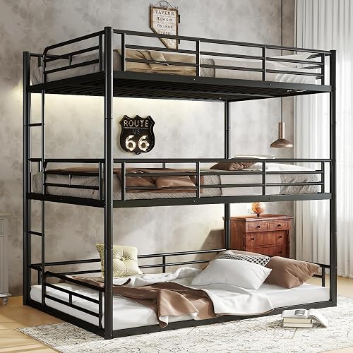 Harper & Bright Designs Metal Triple Bunk Bed, Full Over Full Over Full Bunk Bed Frame with Safety Guardrails & Ladders, Heavy Duty 3 Bunk Beds for Kids, Teens, Adults, Noise-Reduced, Black
