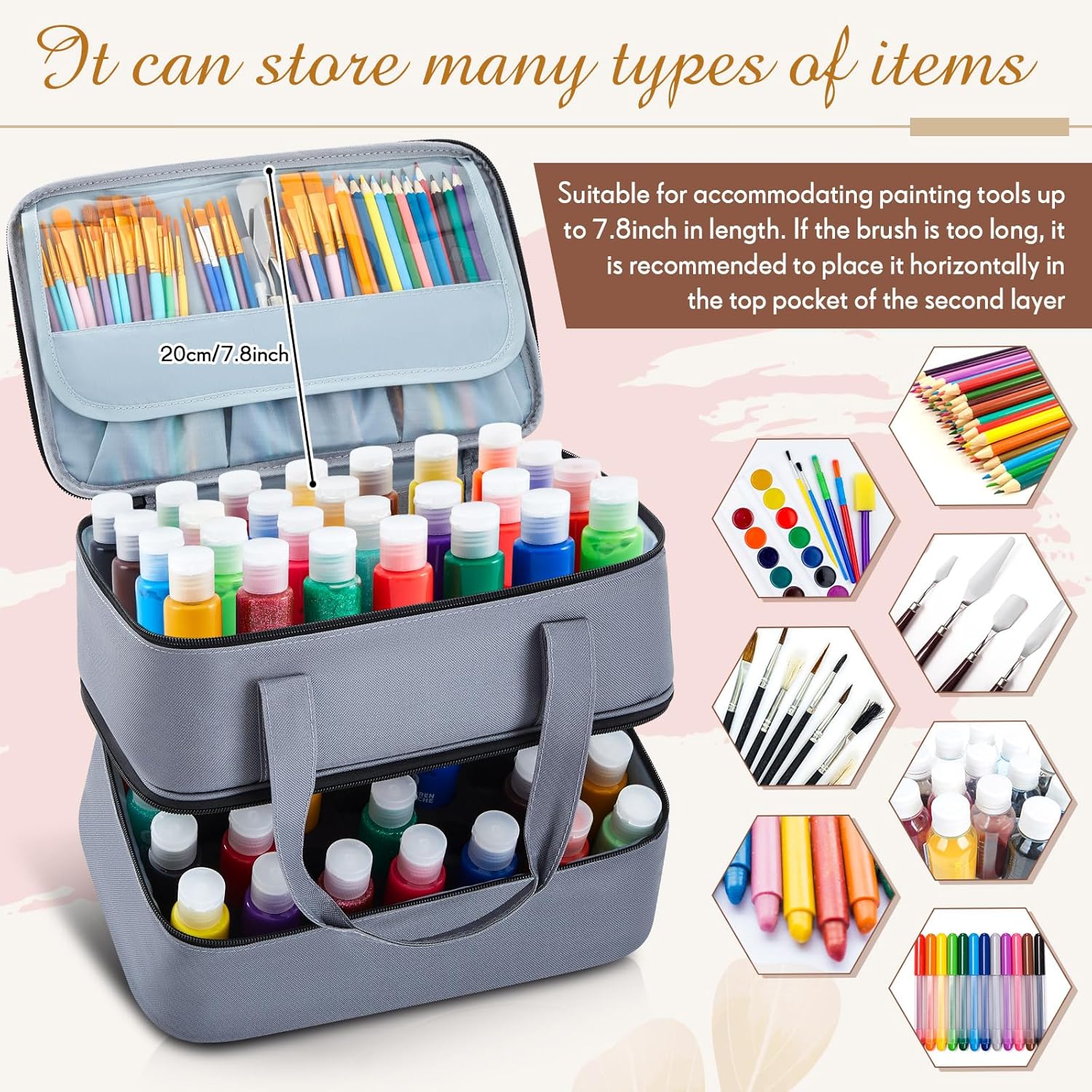 Abbylike Acrylic Paint Organizer Case for up to 56 Bottles (2 Oz) Double Layer Art Supply Storage Bag Alcohol Ink Storage Paint Carry Case with Foam Insert and Inner Pocket(Gray)