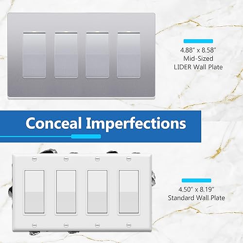 Miniatura 54 de LIDER - Cubierta decorativa de interruptor doble con acabado mate, placa de pared sin tornillos, tamaño mediano, 2 bandas, 4.88 x 4.92 pulgadas