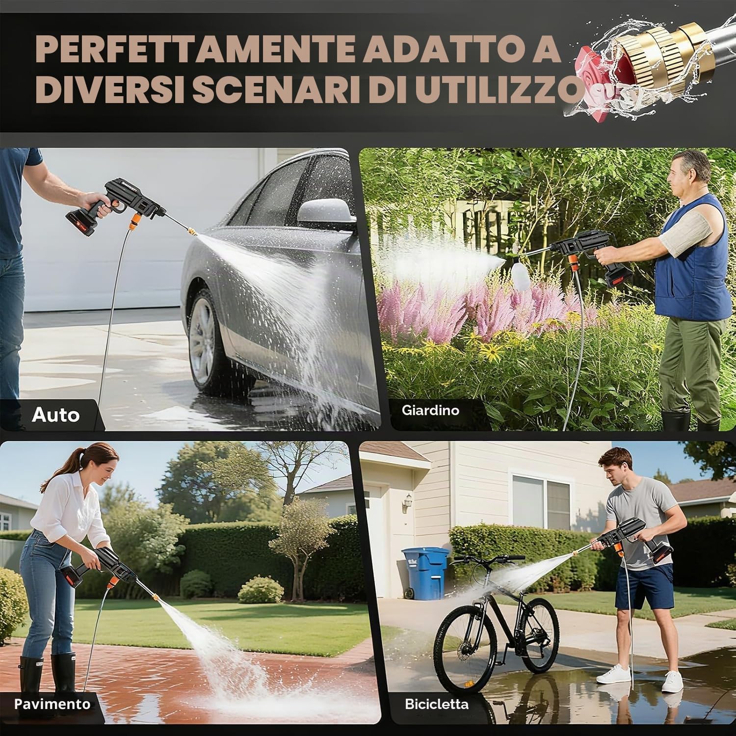 Idropulitrice a batteria, Max60bar, pistola ad acqua mobile ad alta pressione con attacco per rubinetto e 2 batterie da 2000 mAh, idropulitrice senza fili con spruzzatore per schiuma, secchio con 2