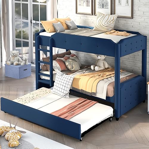 EMKK Twin Over Twin Upholstered Bunk Bed with Trundle,Headboard and Footboard Design,Twin Over Twin Bunk Beds, Wooden Bunk Bed Frame, Wooden Twin Size Trundle Bed Frame with Rail and Ladder,Blue