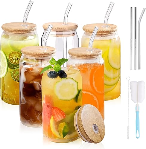 DONGSHANGIFT Vasos de vidrio con tapas y pajitas, 6 vasos de vidrio con forma de lata de 16 onzas, vasos para beber con tapa de bambú y pajita, vaso
