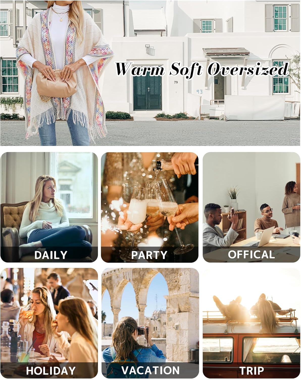 Bsubseach Knit Shawl Wraps for Women Soft Fringe Poncho Sweater Cape with Hooded for Fall Winter - Image 5