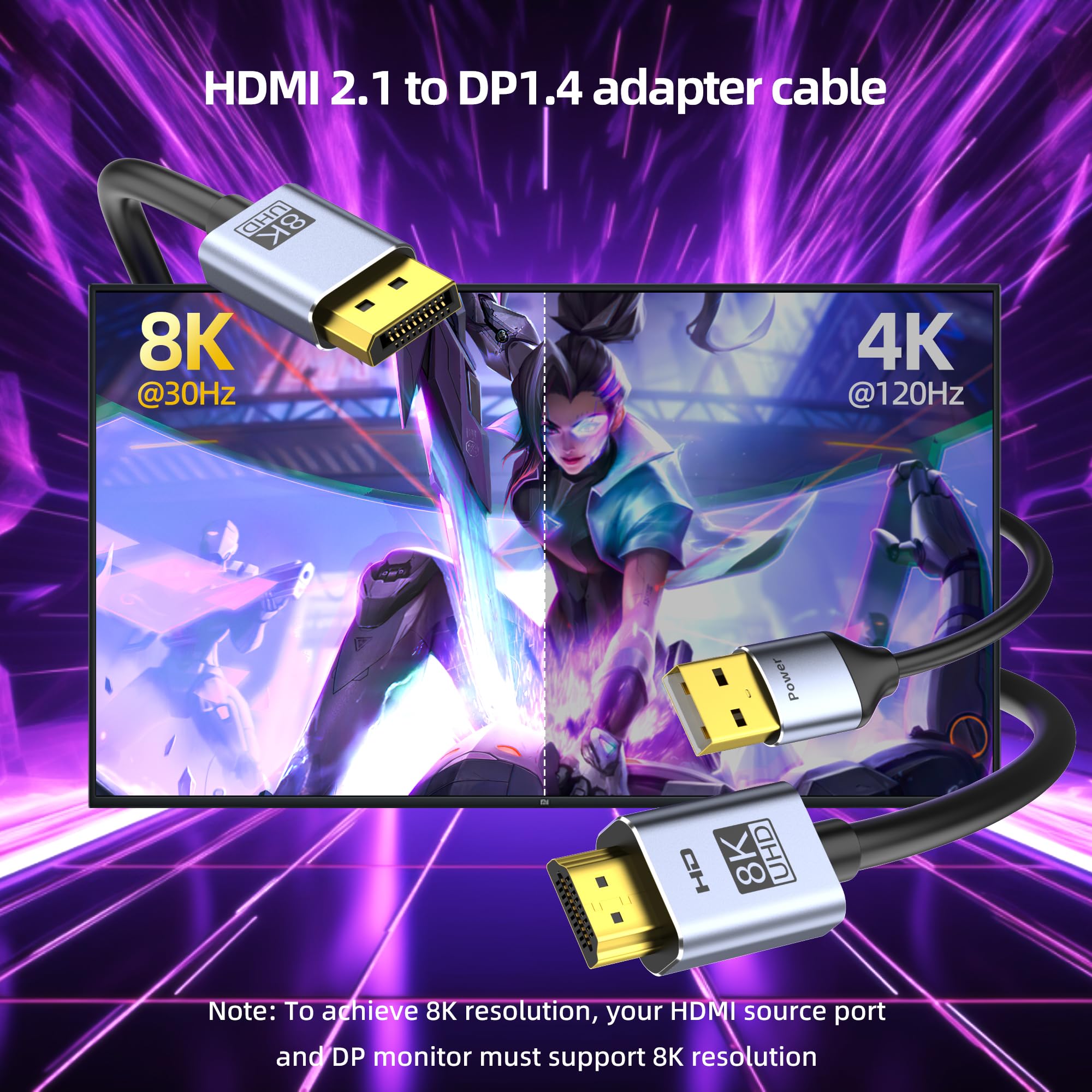 4K@144Hz HDMI 2.1 auf DisplayPort 1.4 Kabeladapter (1,8 m), 4K120Hz/8K unidirektionales aktives HDMI-Quellen-zu-DisplayPort-Monitorkabel, Konverter für Computer, PC, PS5, Xbox, Stecker auf Stecker