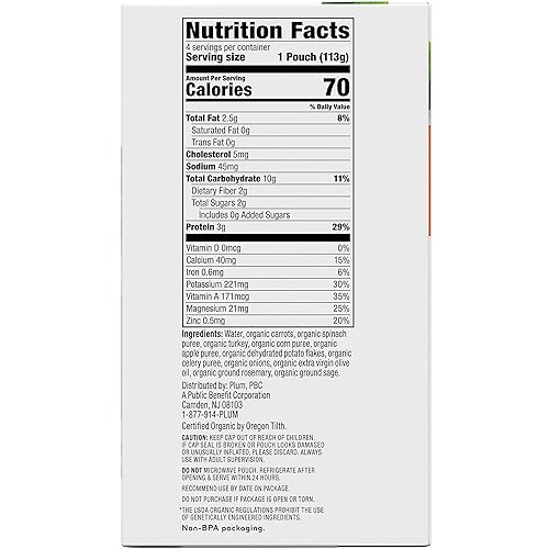 Vista 28 de Plum Organics Etapa 3 Alimento para bebés, zanahoria, espinacas, pavo, maíz, manzana y avena, 4 onzas (paquete de 12)