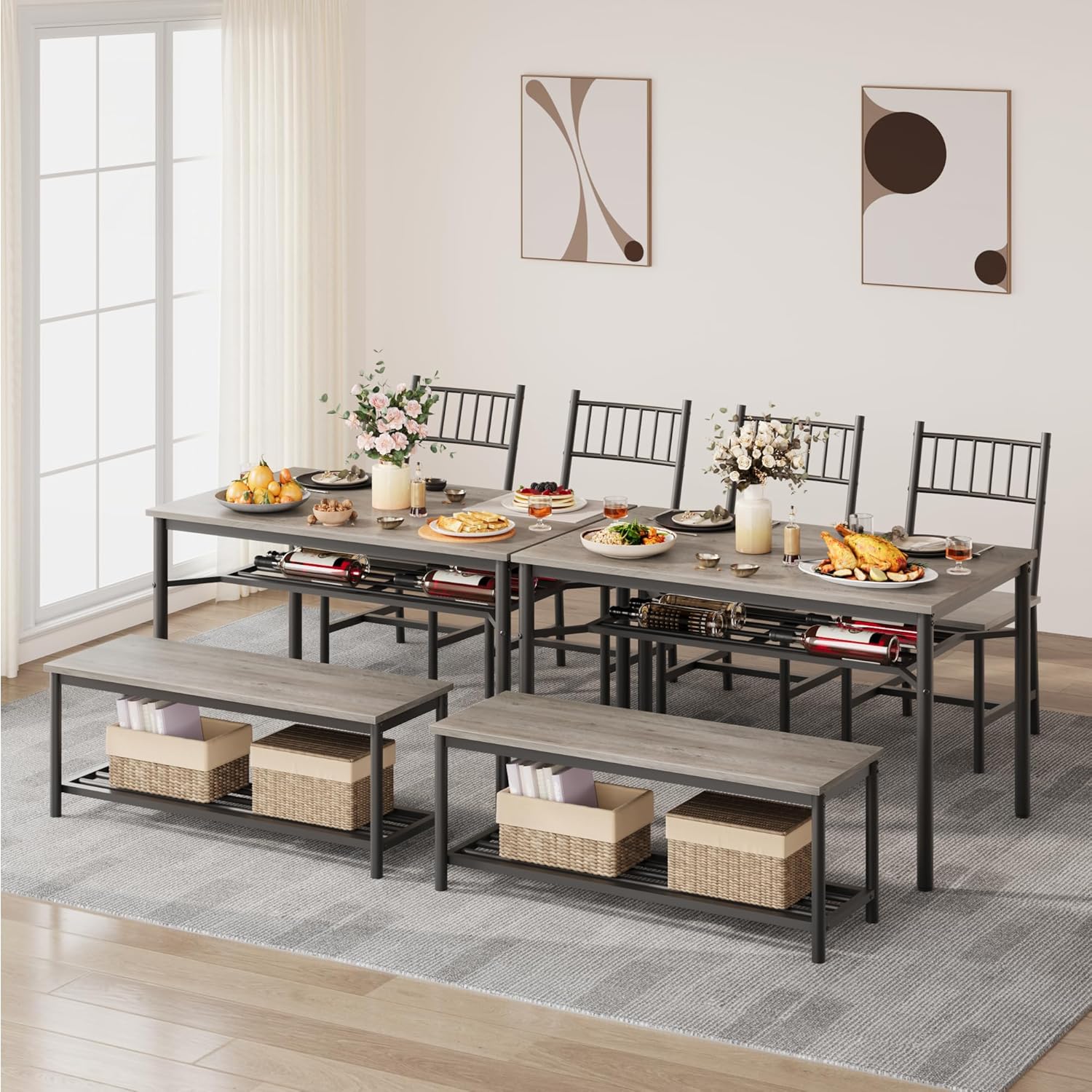 Dining Table Set for 4, Kitchen Table for 4 with Bench and 2 Chairs, 4-Piece Dining Table Set for Apartment, Small Space, Gray