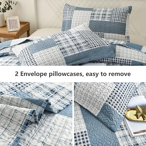 Miniatura 5 de Jarson Juego de edredón a cuadros de 3 piezas, tamaño King, juego de ropa de cama ligero y suave a cuadros de verano, colcha reversible con diseño