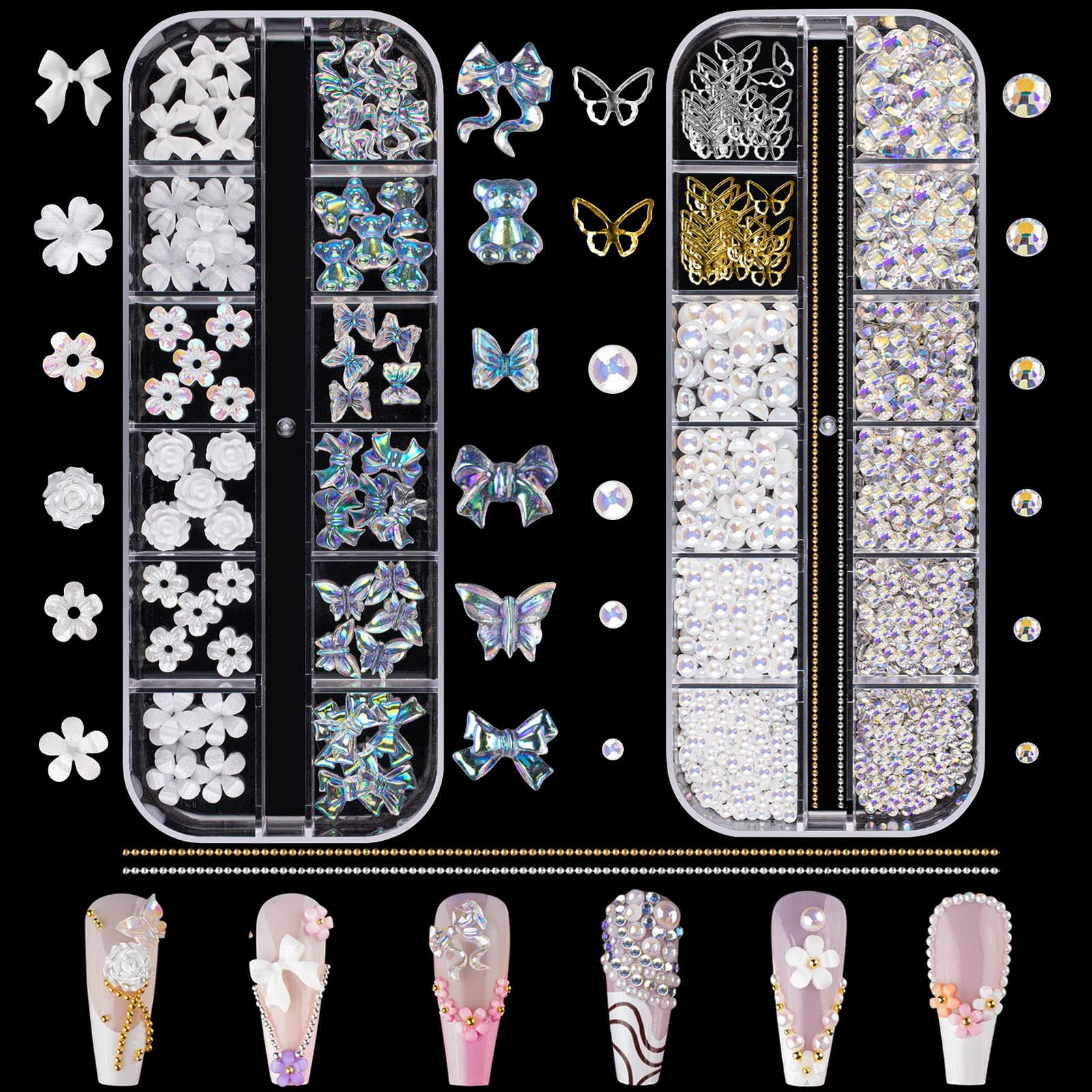 Nail Art Rhinestones and Pearls,2 Boxes Butterfly Bowknot Flower Nail Charms,Aurora Bear 3D Nail Art Decorations for Manicure Design DIY Crafting Party Daily Wedding
