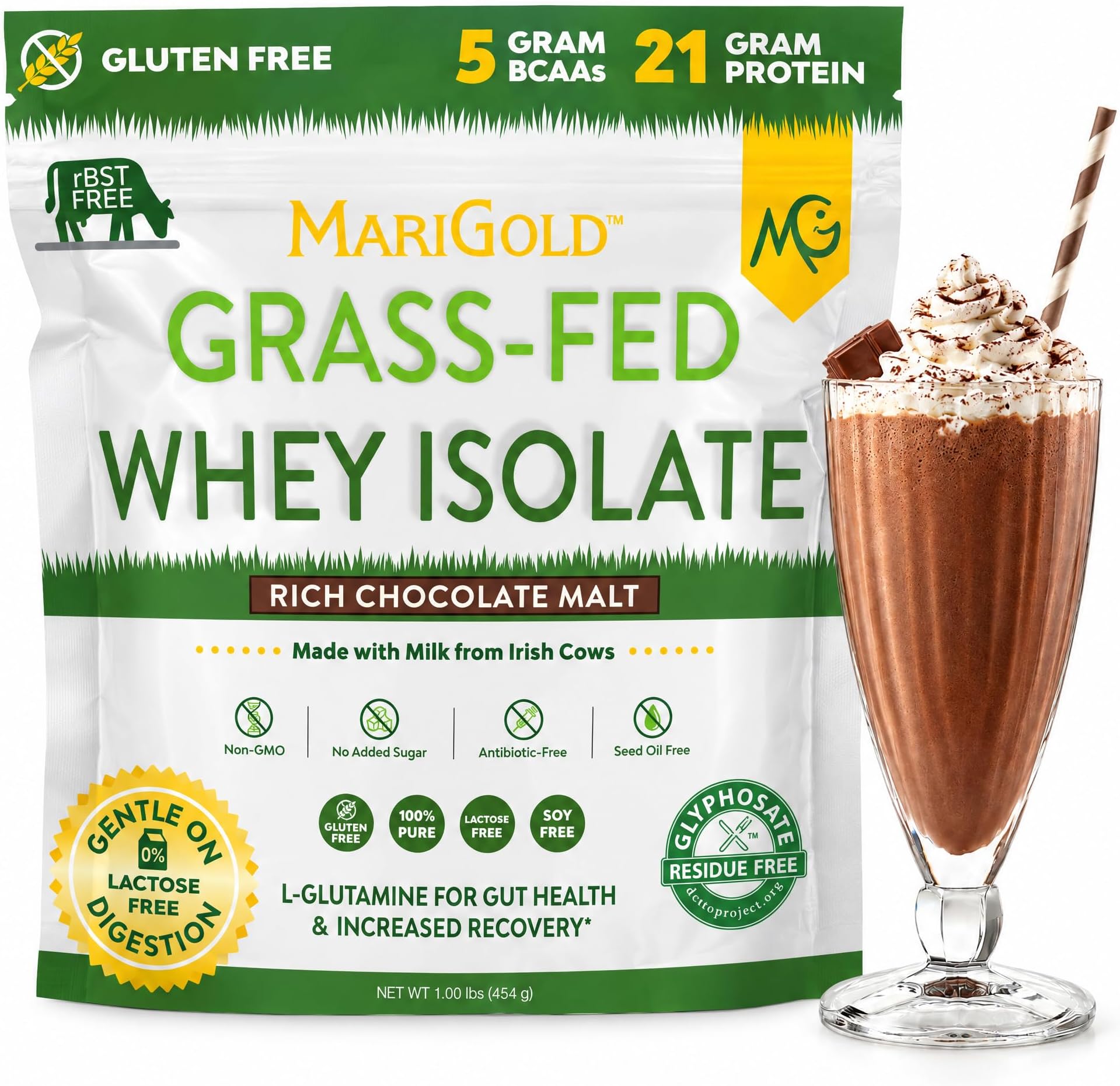 MariGold Grass-fed Whey Protein Isolate, Rich Chocolate Malt - 1lb
