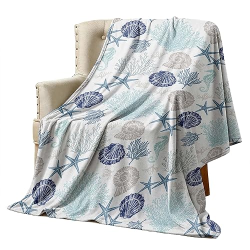Coastal Ocean Beach Throw Blanket, Starfish Seashells Coral Design Fuzzy