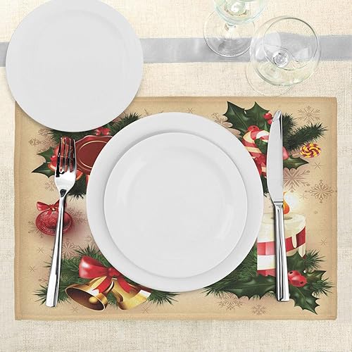 Miniatura 3 de Ambesonne Juego de 4 manteles individuales de Navidad, estilo clásico, campanas de velas, muérdago, cinta de pájaro, manteles individuales de tela