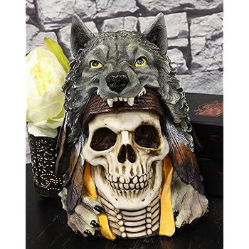 Amazon Com Ebros 9 Tall Large Indian Koitsenko Warrior Chief Black Wolf Headdress Skull Statue Gothic Macabre Figurine Halloween Skulls Party Centerpiece Decorative Home Kitchen