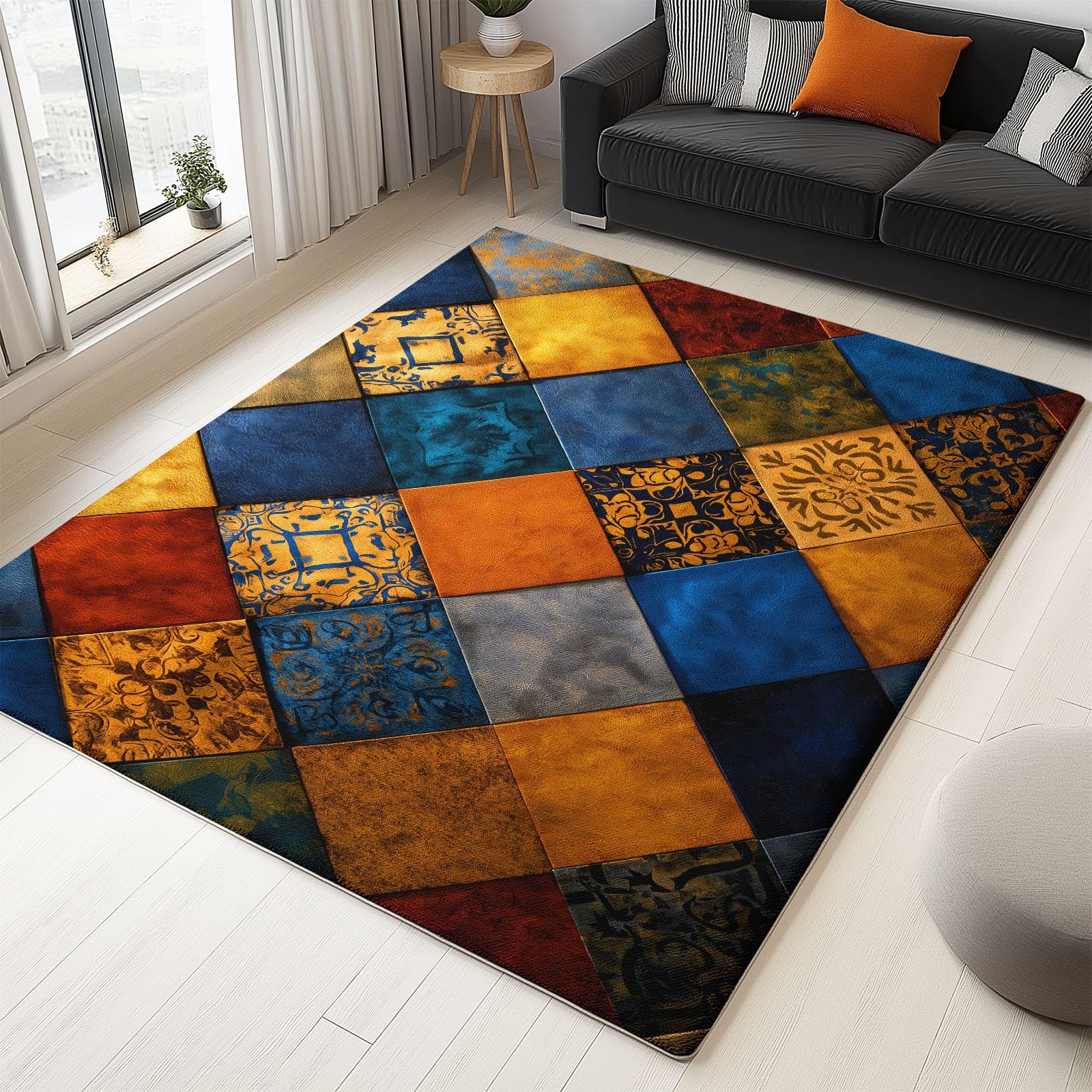 Teppich Wohnzimmer rutschfest 120 x 170 cm, Patchwork Fliesenmuster Used Look Waschbar Teppich Schlafzimmer - Patchwork Stil Kurzflor Bettvorleger Teppichen Kinderzimmer Büro Esszimmer Küchenteppich