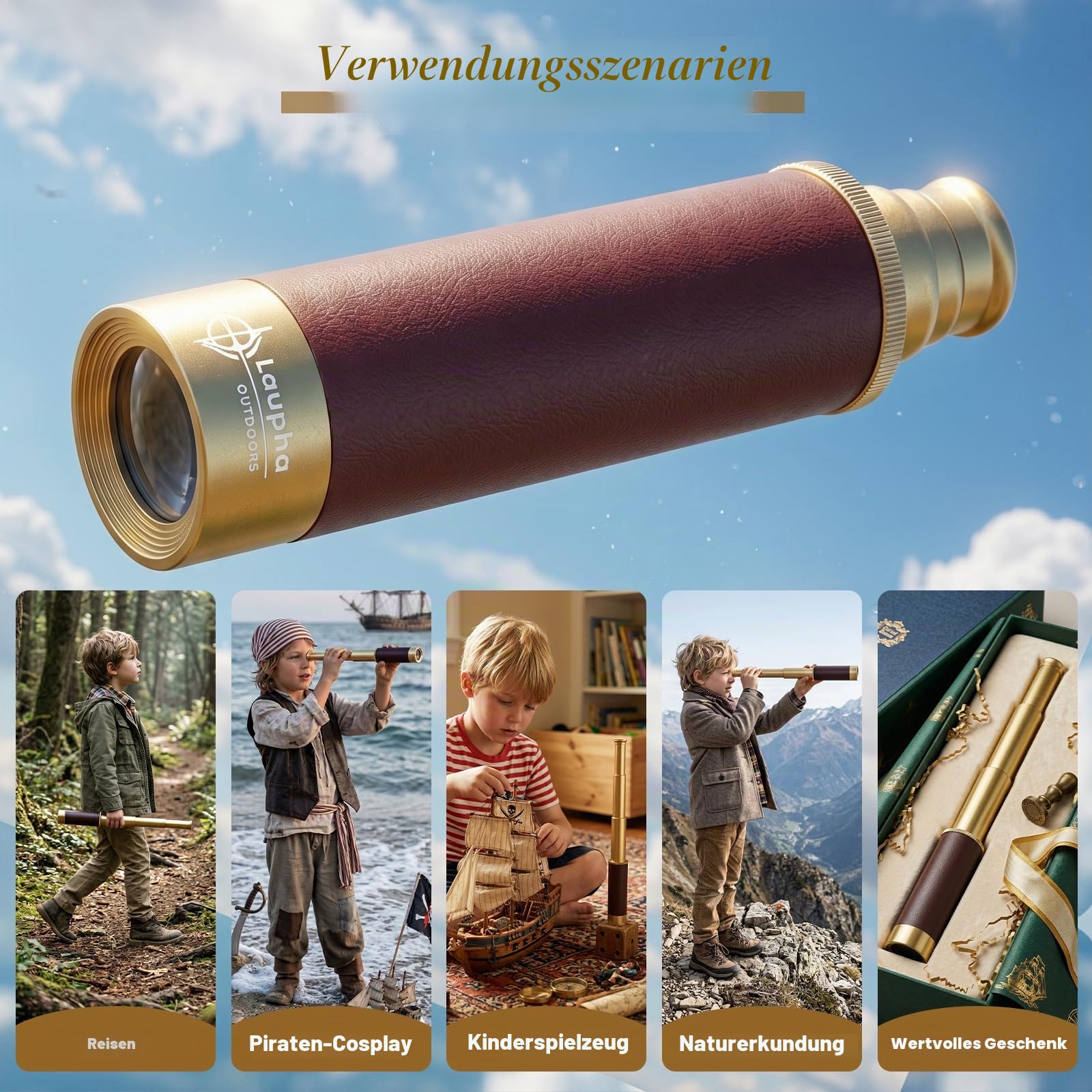 Retro Pirat Teleskop Monokular 25x30 Zoomable Vintage Kapitän Jack Spyglass BAK-4 Linse Fernrohr Kinder Faltbar Tragbar Pocket Monokular für Outdoor Camping