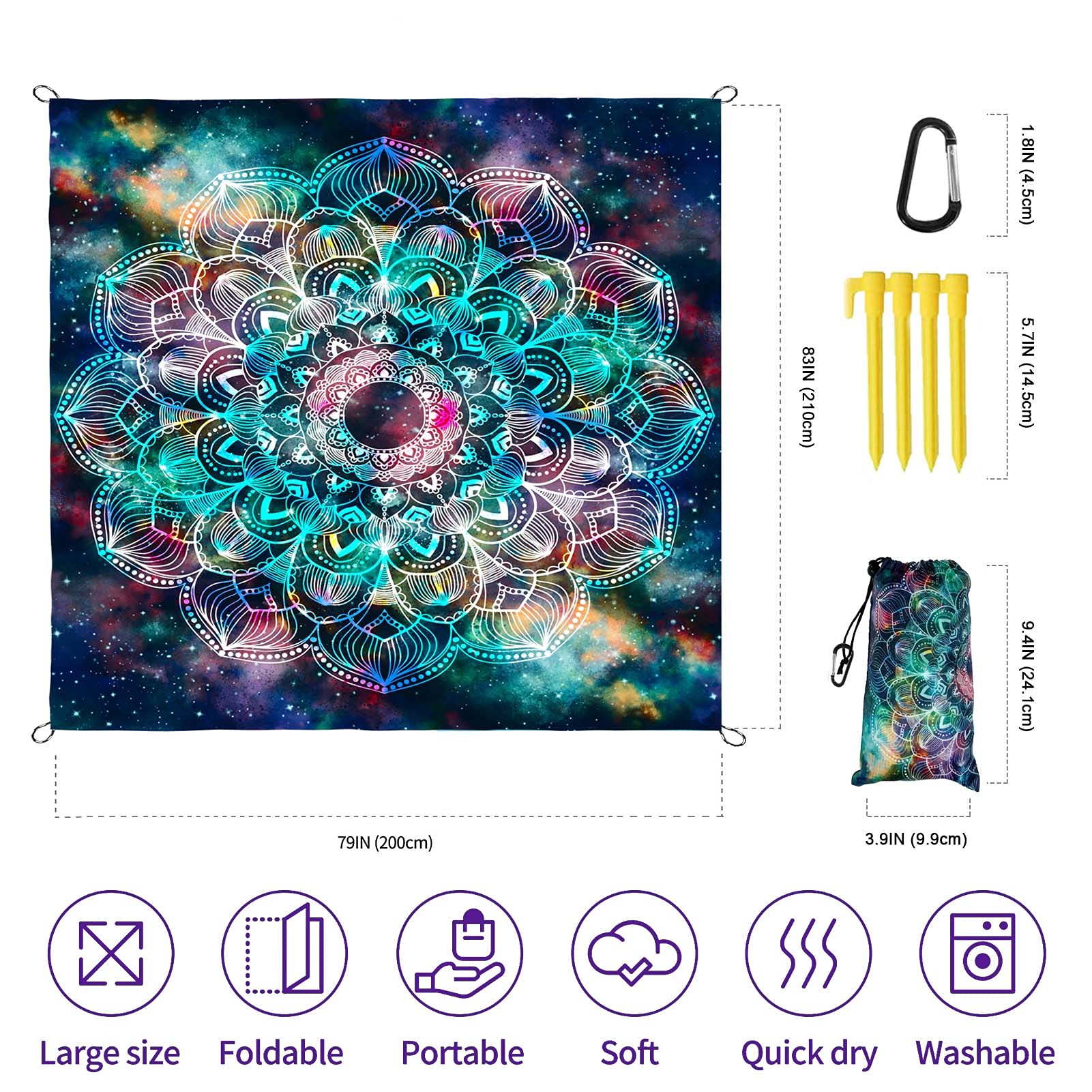Koc plażowy, wodoodporna piaskowa mata plażowa, ponadwymiarowa 180 x 213 cm dla 4–6 dorosłych, lekki koc piknikowy, przenośna mata piknikowa do podróży na świeżym powietrzu, na kemping, wędrówki z 4 słupkami i 4 kieszeniami narożnymi