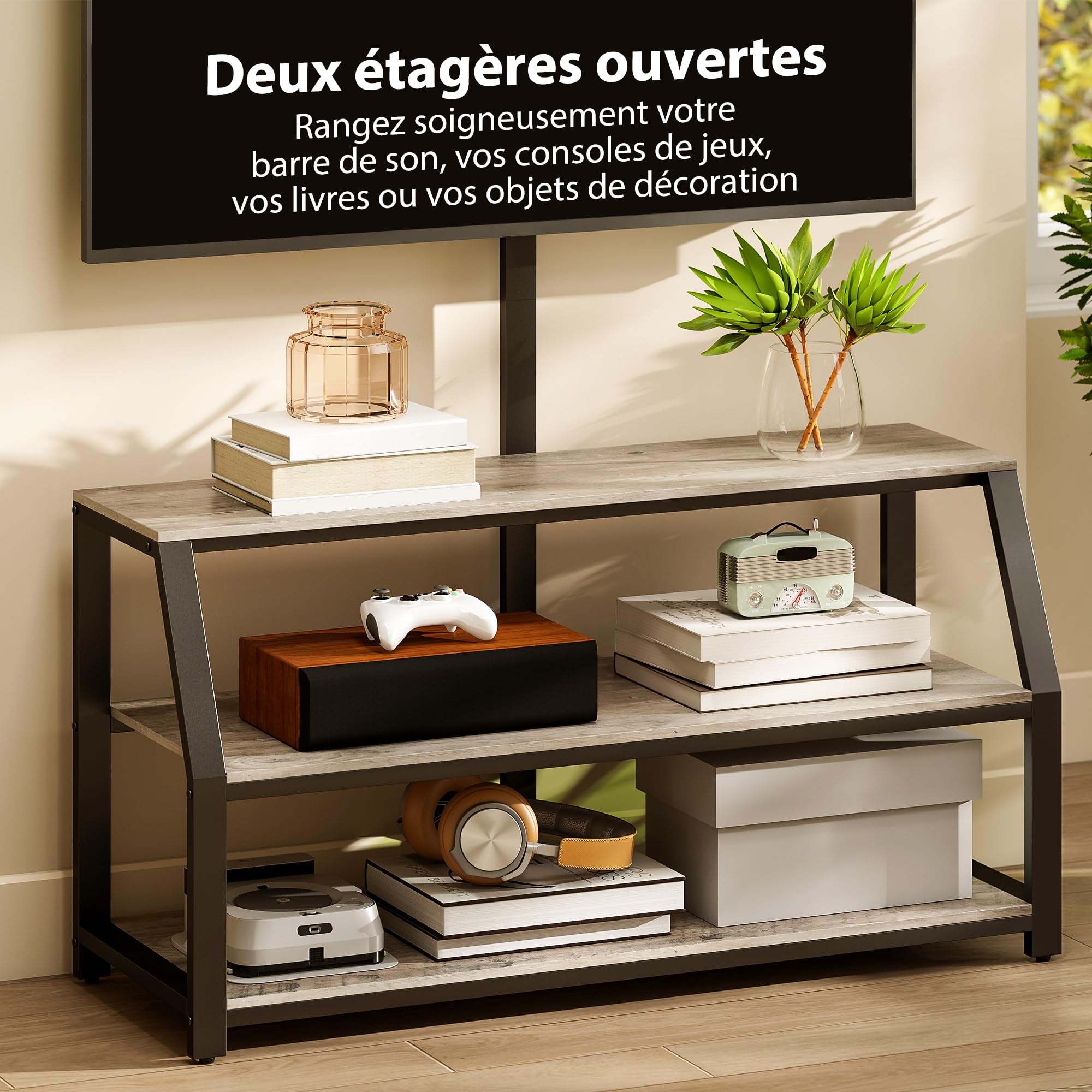 HOMCOM Meuble TV 110 cm avec Support pour Téléviseurs 72 Pouces, Gris | Meuble Télé, 2 Étagères Ouvertes, Cadre en Métal, Banc TV, pour Salon, Chambre