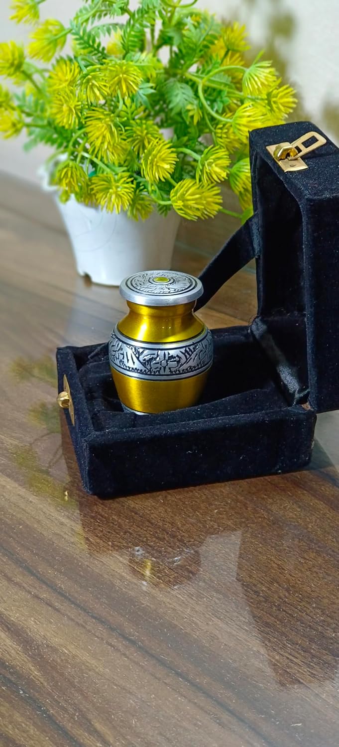 Yellow & Silver Keepsake Urn - Small Urn for Human Ashes with Box - Mini Urn for Ashes - Perfect Memorial Urn - Honor Your Loved One with Small Cremation Urn - Urn for Male, Female & Baby