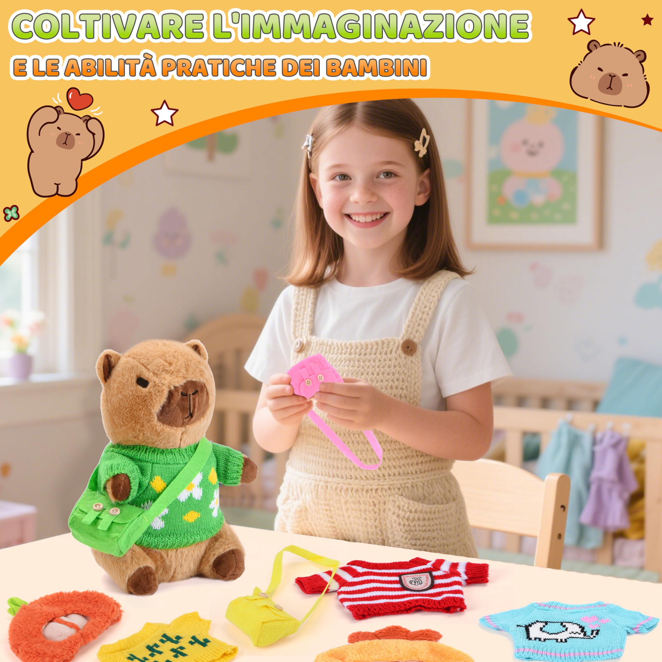 Charmofun Capibara Peluche, Peluche Capibara con Vestiti e Accessori, Cuscino Capybara da 25cm, Simpatici Peluche Capybara, Simulazione Animale Giocattoli, Regalo per Ragazzi e Ragazze (Marrone)
