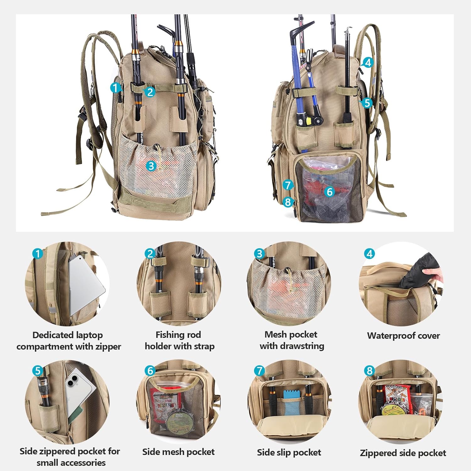 Vomgomfom 37L Fishing Backpack with Fully Waterproof Insulated Lining,Military Survival Molle Back Pack with Laptop Compartment,Earthy Yellow