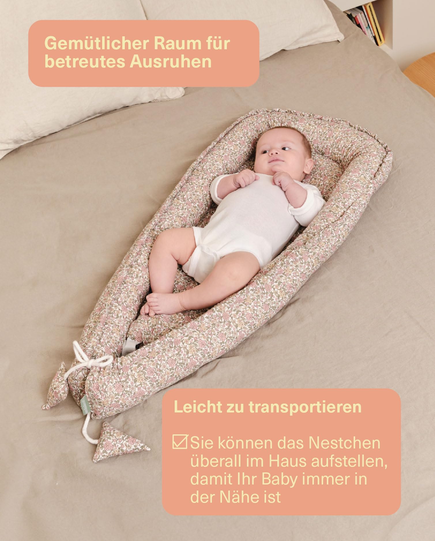 molis&co - Babynest - 100% Baumwolle (Oeko-TEX) - Babynestchen Neugeborene - Ideal als Reisebett, Kuschelnest Geeignet & Cradle Reducer - 90 x 50 cm - Peony