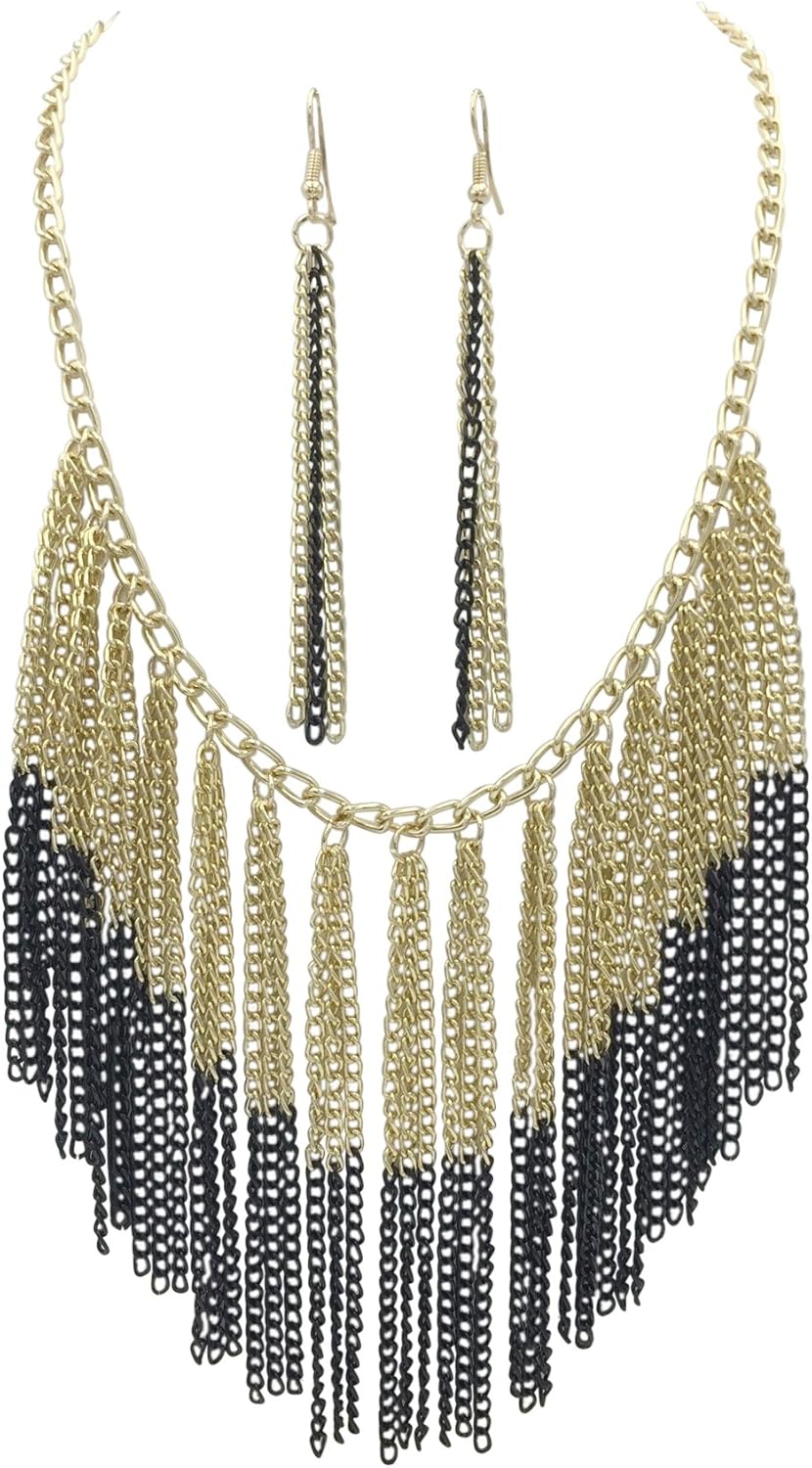 Gypsy Jewels Cascading Chain Tassel Fringe Necklace & Earrings Set (Black & Gold Tone)