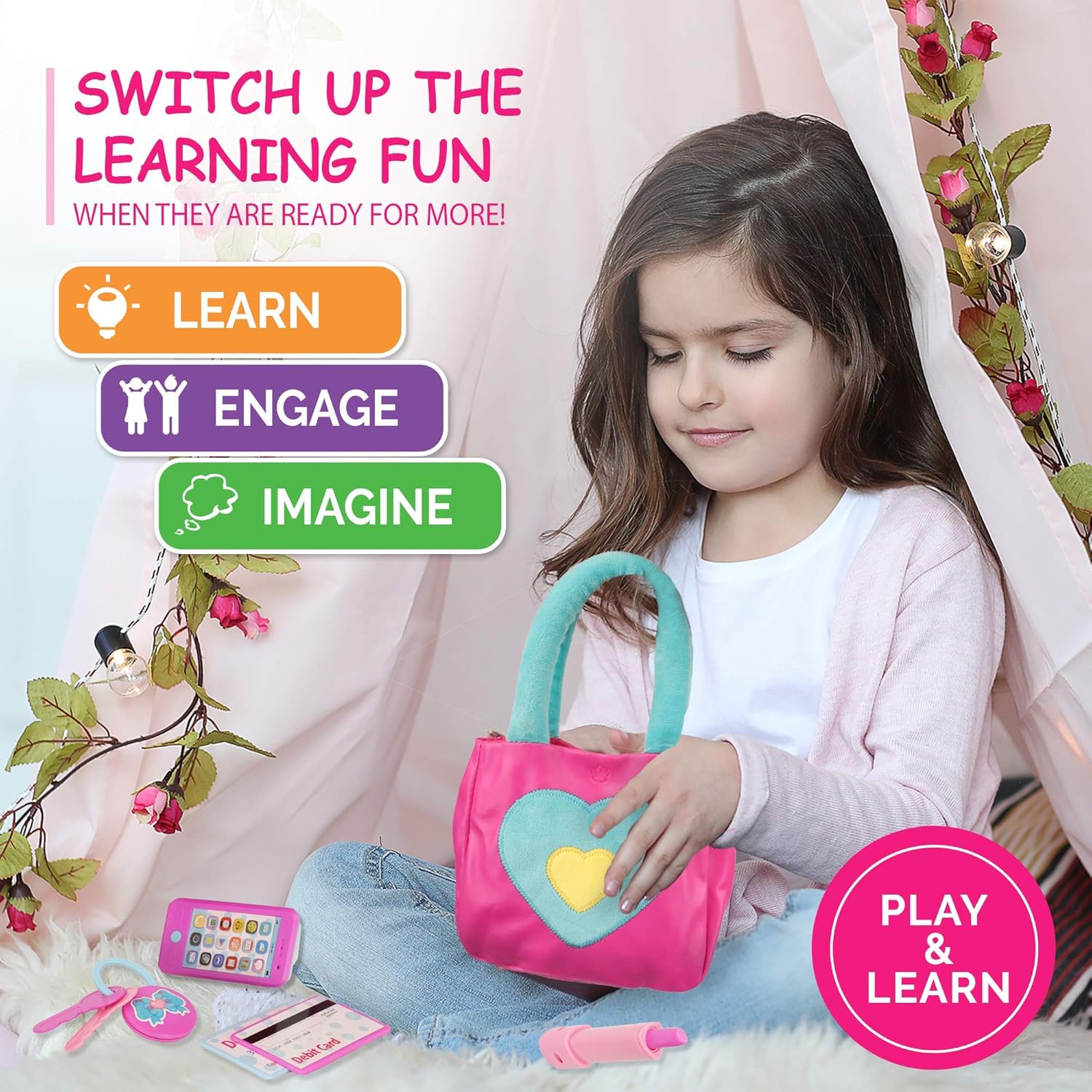 Playkidz Princess My First Purse Set - 7 Pieces Kids Play Purse and Accessories, Pretend Play Toy Set with Cool Girl Accessories, Includes Phone and Bag with Cards