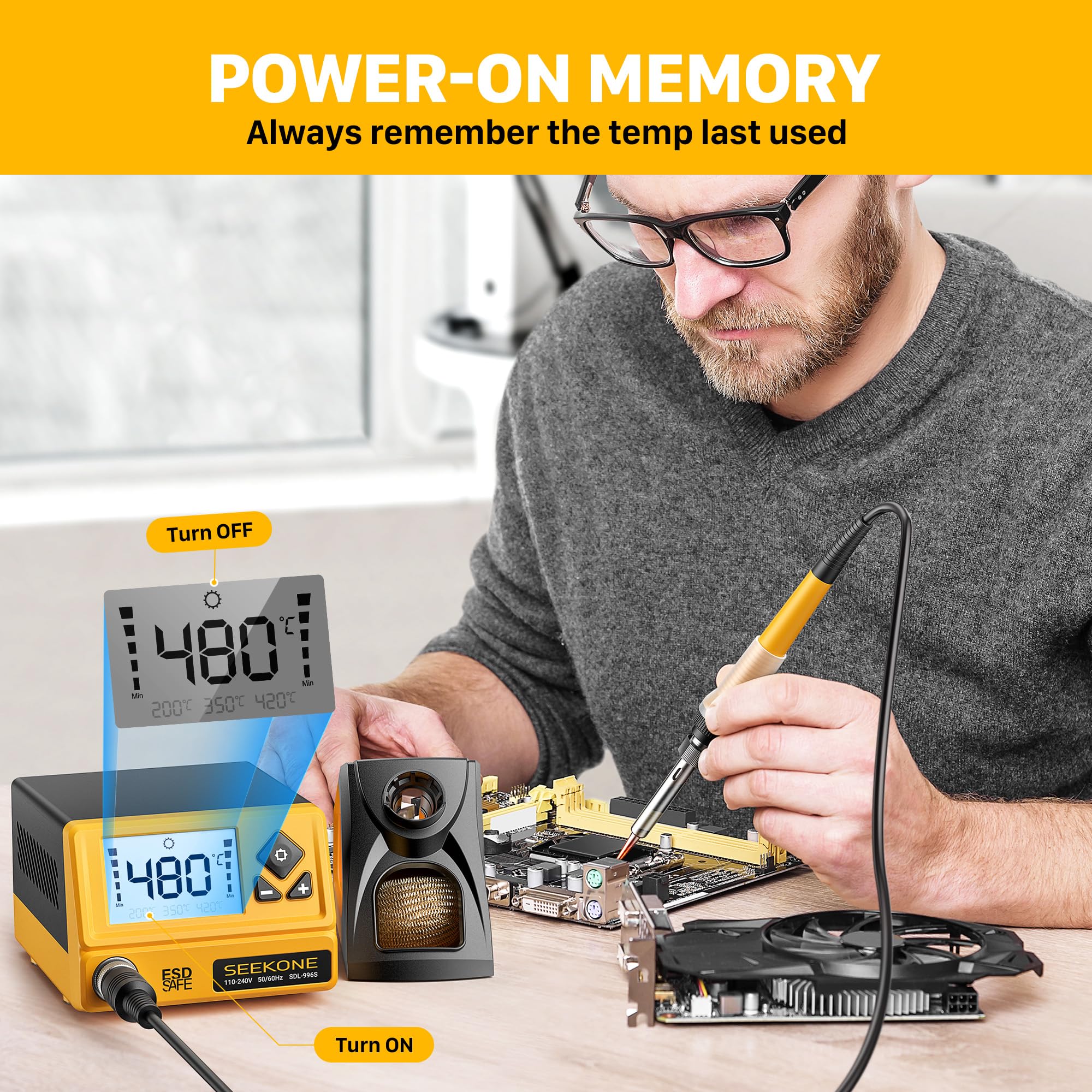 SEEKONE Lötstation 60W, Profi Lötkolben Einstellbare Temperatur 200℃-480℃ mit LCD Displayanzeige, Digitale Lötkolbenstation mit 5 Lötspitzen, °C/°F Umrechnung, Standby Funktion, Power-On Speicher