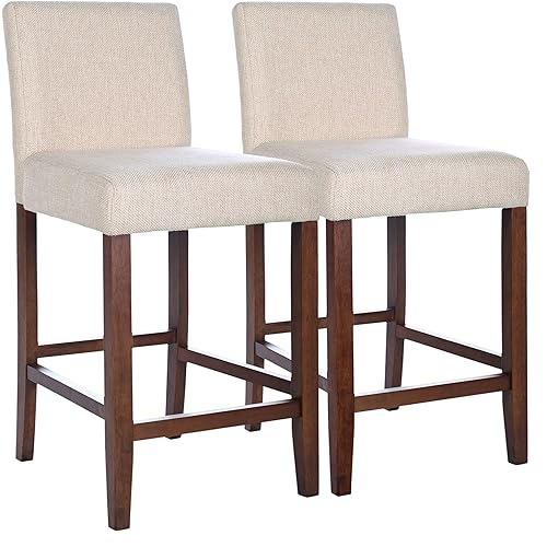 GDFStudio Upholstered Bar Stools Set of 2, Wooden Counter Stools with Back and Footrest, Linen Fabric Tall Bar Stools Counter Height Chairs for Kitchen Island Home Bar Restaurant, Beige & Brown