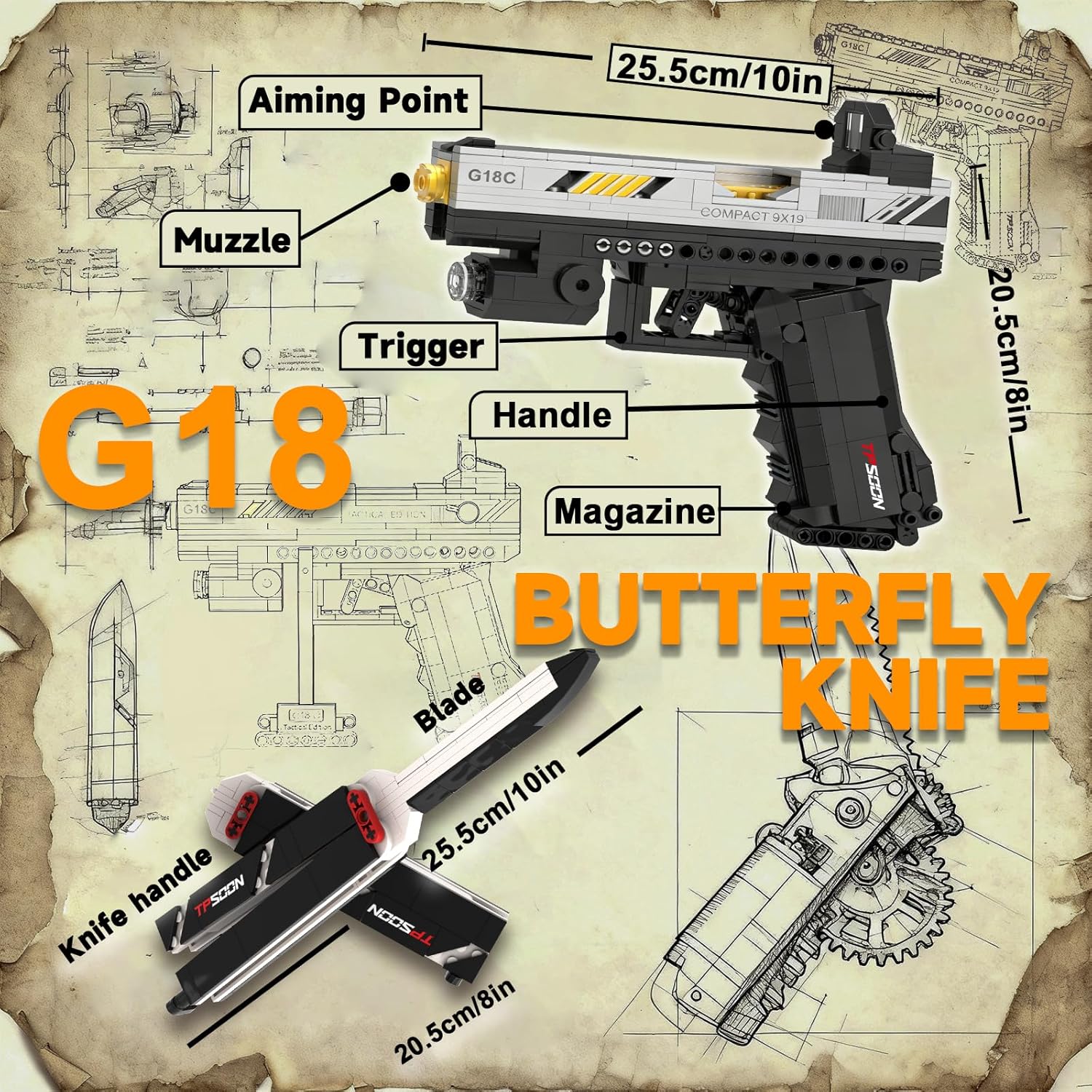 Sosuy G18 Butterfly Knife Building Block Gun Sets, 1:1 Shootable Pistol Model Guns Army Toys for Adult Teen Boys, Gifts for Men and Kids Age 8+, Realistic Bricks Collection for Military Fan 615PCS