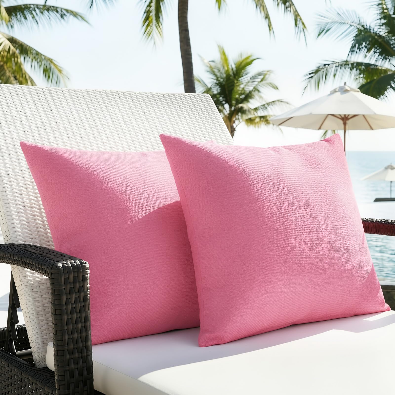 Lewondr Pink Waterproof Outdoor Throw Pillow Cover, 2 Pack Solid Pu Coating Throw Pillow Case Uv Protection Garden Cushion Cover For Patio Sofa Couch Balcony 18"X18"(45X45cm),