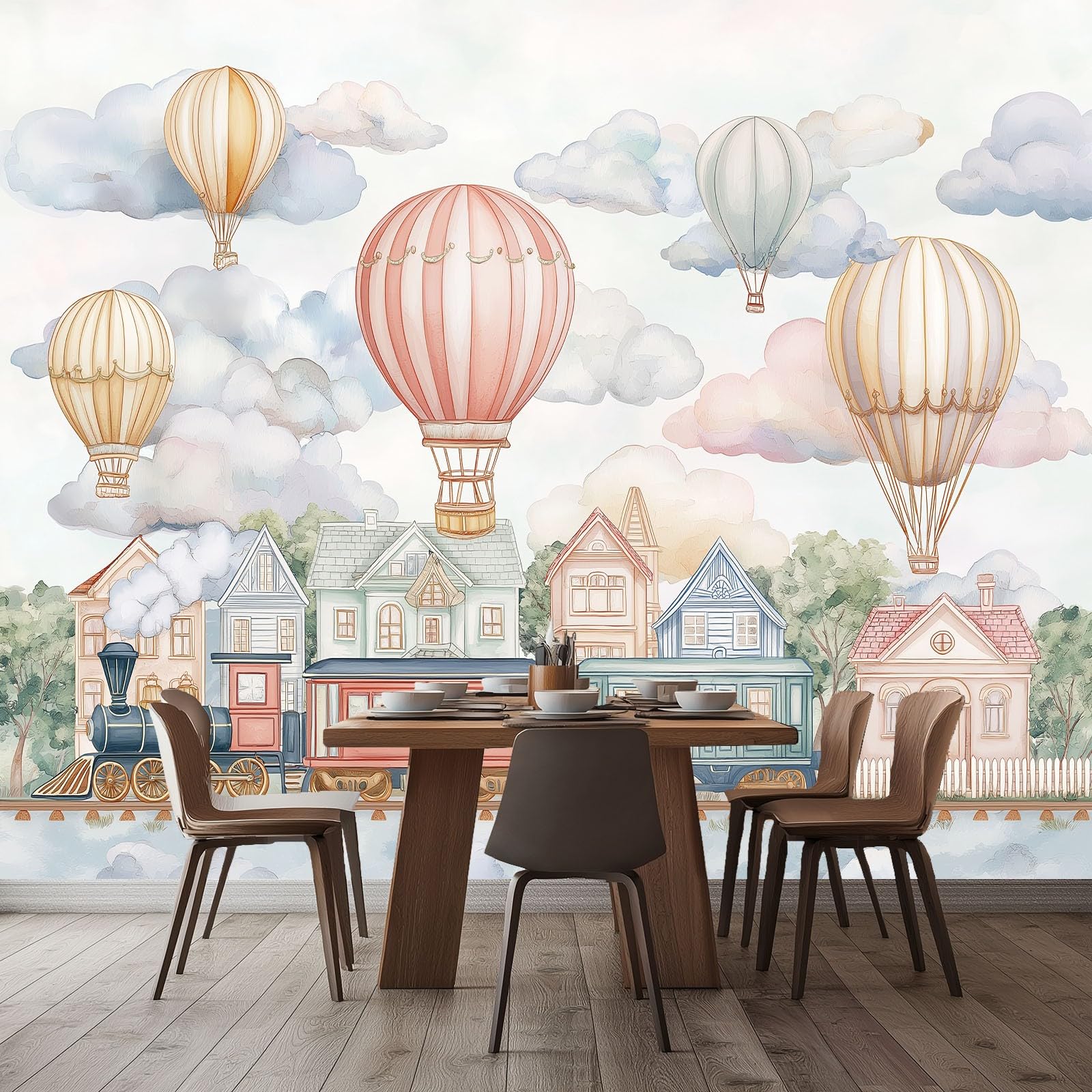 Malowidła ścienne kreskówka balon na gorące powietrze pociąg miasto chmury tapeta z włókniny 250 x 175 cm duża fototapeta, do salonu sypialni pokrycie ścienne mural dekoracja fototapeta biała