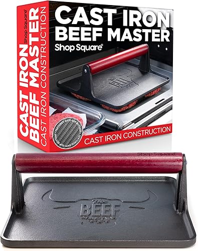 The Beef Master - Prensa para parrilla de hierro fundido, prensa de hamburguesas XL, prensa de plancha pre-sazonada, prensa de carne resistente para