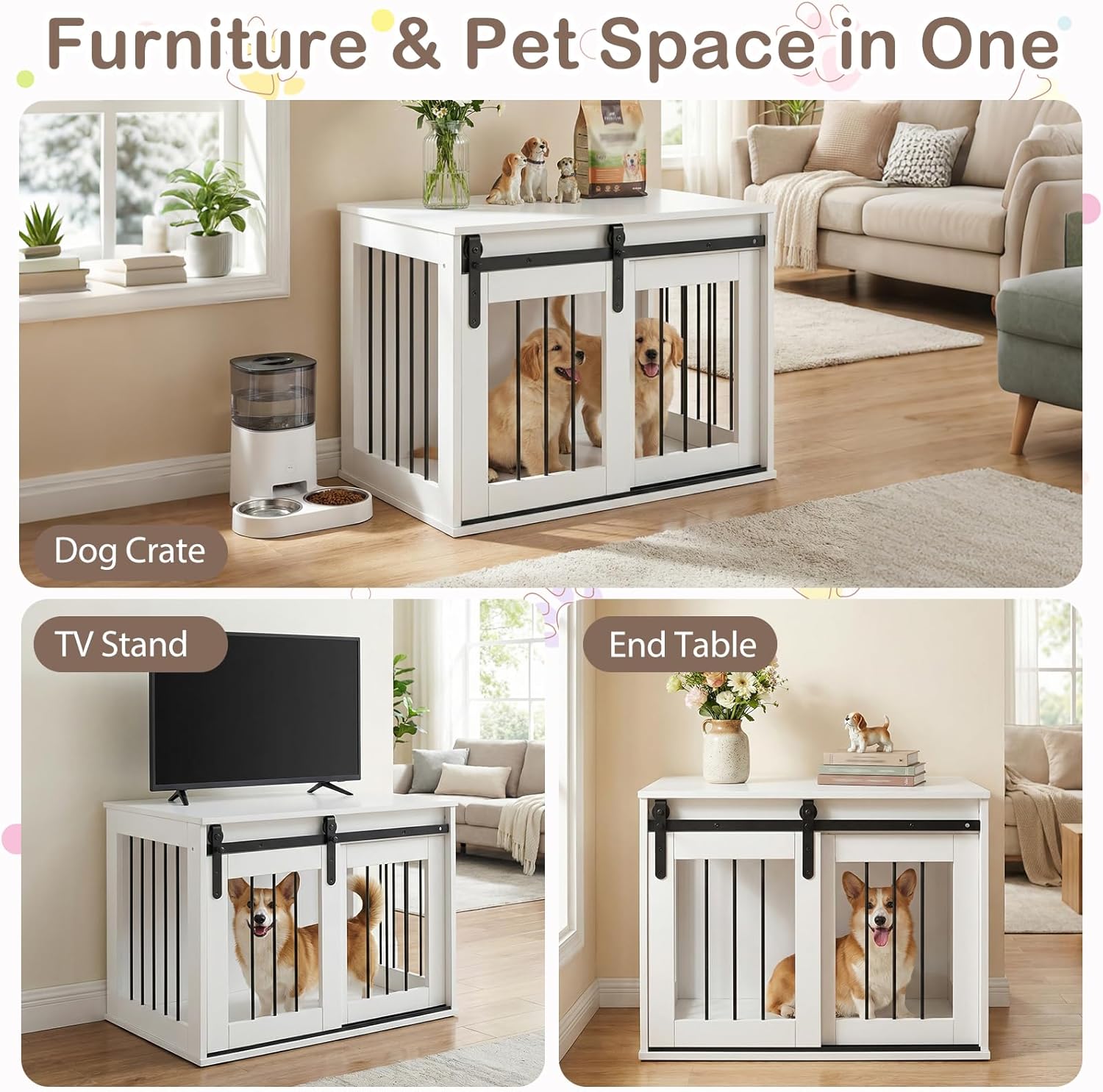 PETSITE Farmhouse Wooden Dog Crate Furniture with Sliding Barn Door, 31.5-inch Wood Dog Kennel Furniture for Small Dogs, Dog Cage Furniture End Side Table for Living Room, Bedroom (White)