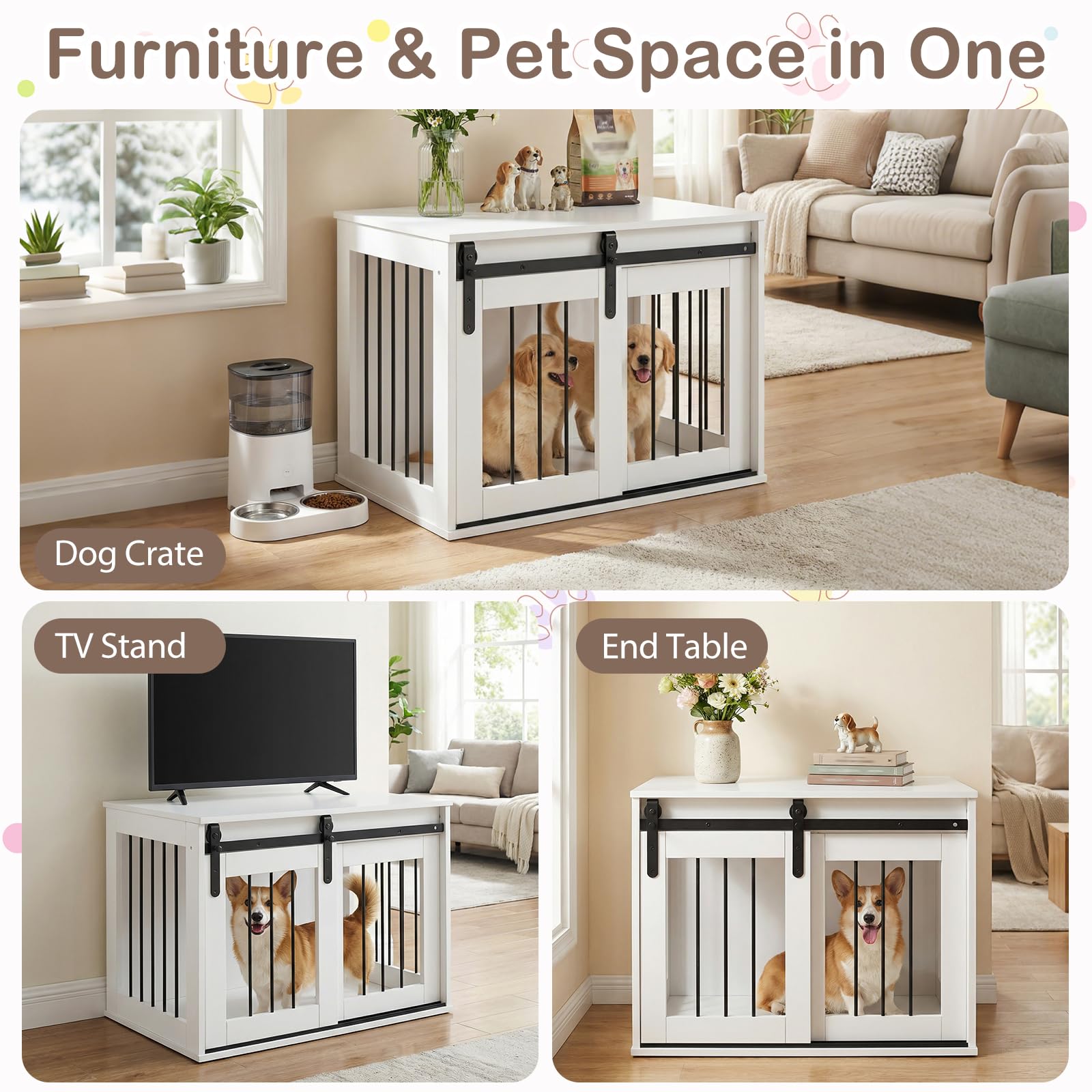 FANTASK Hundekäfig Möbel 80 cm, Hundebox mit Schiebetür & Metallrahmen, Hundeschrank aus Holz als Beistelltisch für kleine & mittelgroße Hunde, für Wohnzimmer, Schlafzimmer & Flur (Weiß)