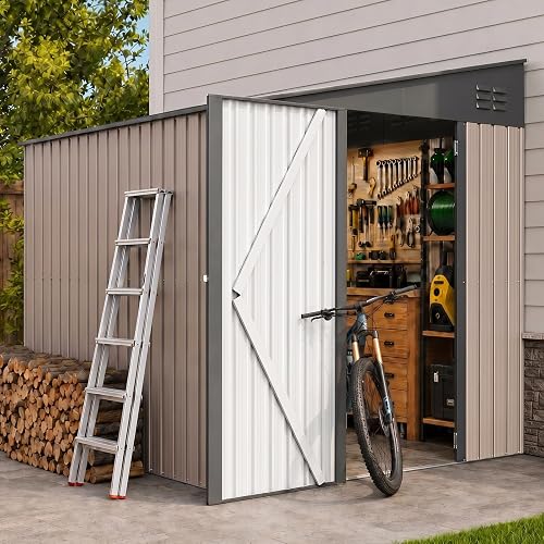 AECOJOY 6' x 8' Lean to Storage Shed, 8x6 Outdoor Storage Cabinet Shed Metal Wall Side Storage Sheds & Outdoor Storage, Garden Storage Cabinet for Backayrd, Patio, Outdoor Use in Grey