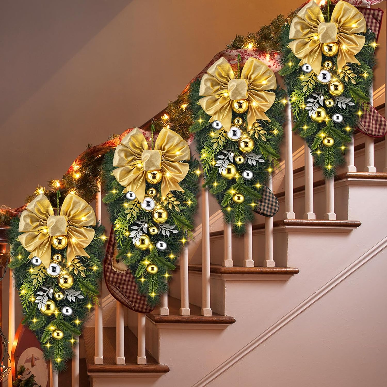 Tigeen 4 Pack Christmas Stairway Swag Wreaths Teardrop Swag for Stairs 16 Inch Red Poinsettia Stair Wreath with Colorful Lights for Front Door Stairs Wall Window